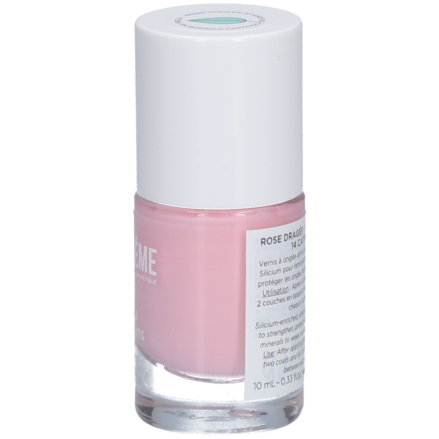 Flacon de vernis à ongles rose avec bouchon blanc. Inscription : ROSE DRAGEE 14 CATHY. Informations produit et volume.