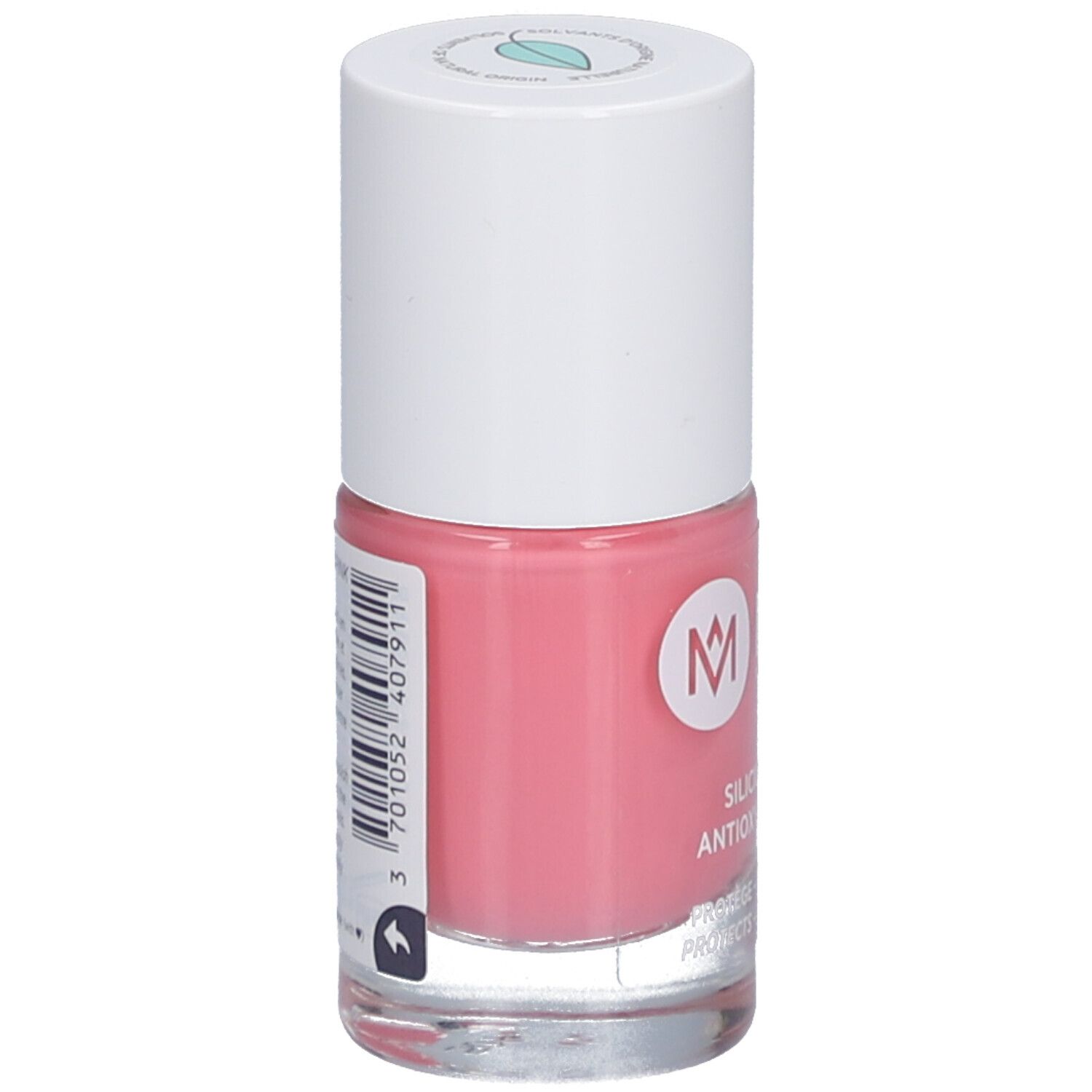 Rosa Nagellackflasche mit weißem Deckel. Aufschrift: MÊME, Silicium & Antioxidantien. Schützt und stärkt. Rückseite mit Barcode.