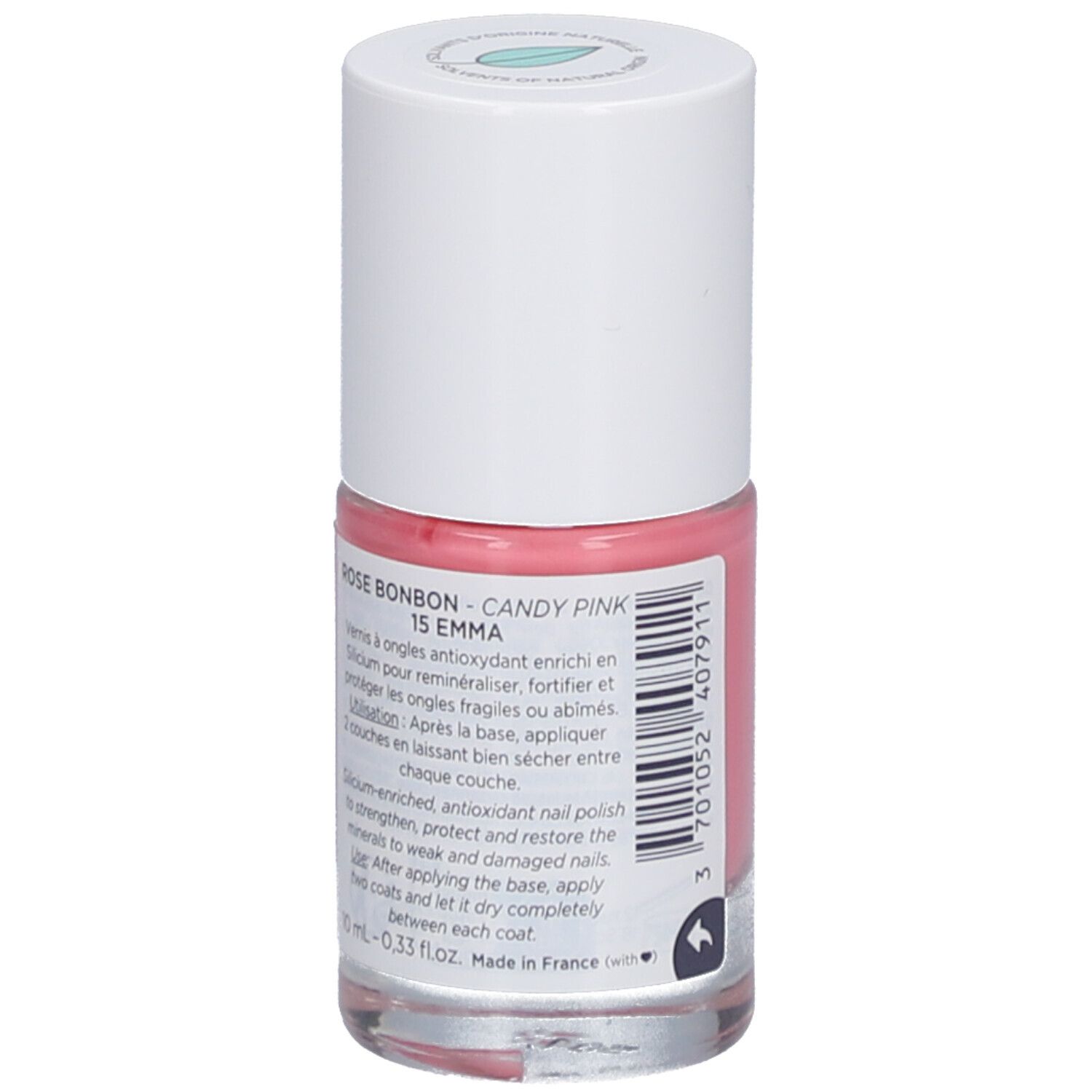 Rosa Nagellackflasche mit weißem Deckel. Aufschrift: MÊME, Candy Pink 15 Emma. Rückseite mit Produktinformationen.