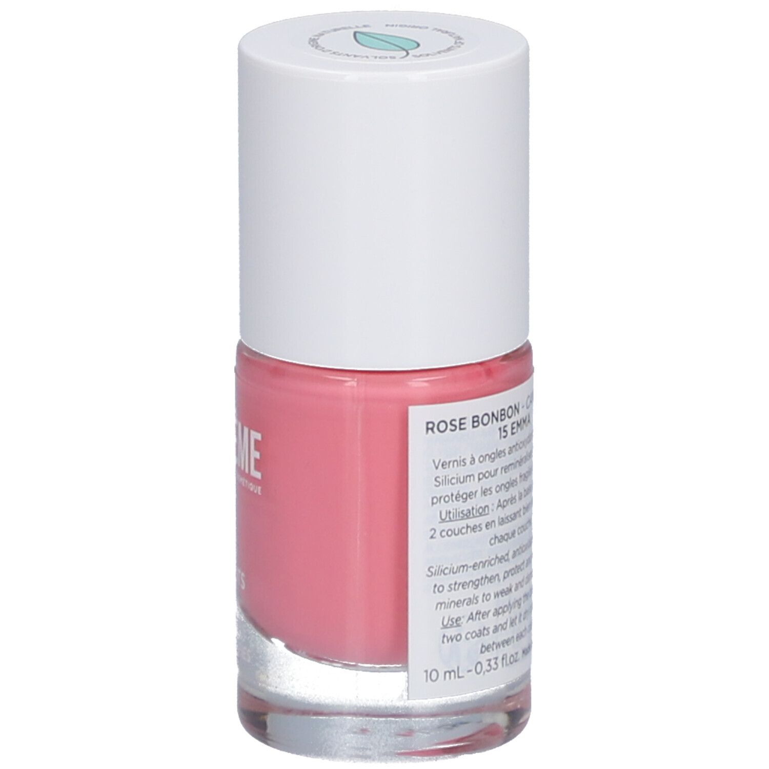 Rosa Nagellackflasche mit weißem Deckel. Aufschrift: MÊME, Silicium & Antioxidantien. Schützt und stärkt.