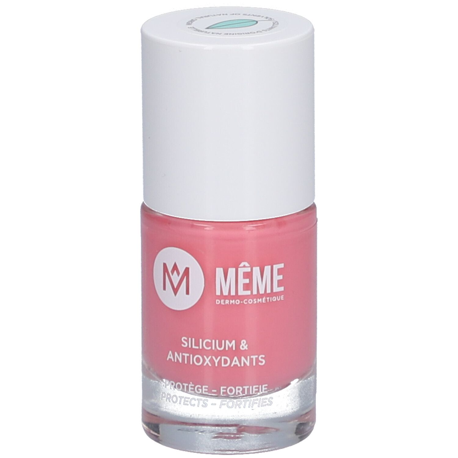 Rosa Nagellackflasche mit weißem Deckel. Aufschrift: MÊME, Silicium & Antioxidantien. Schützt und stärkt.