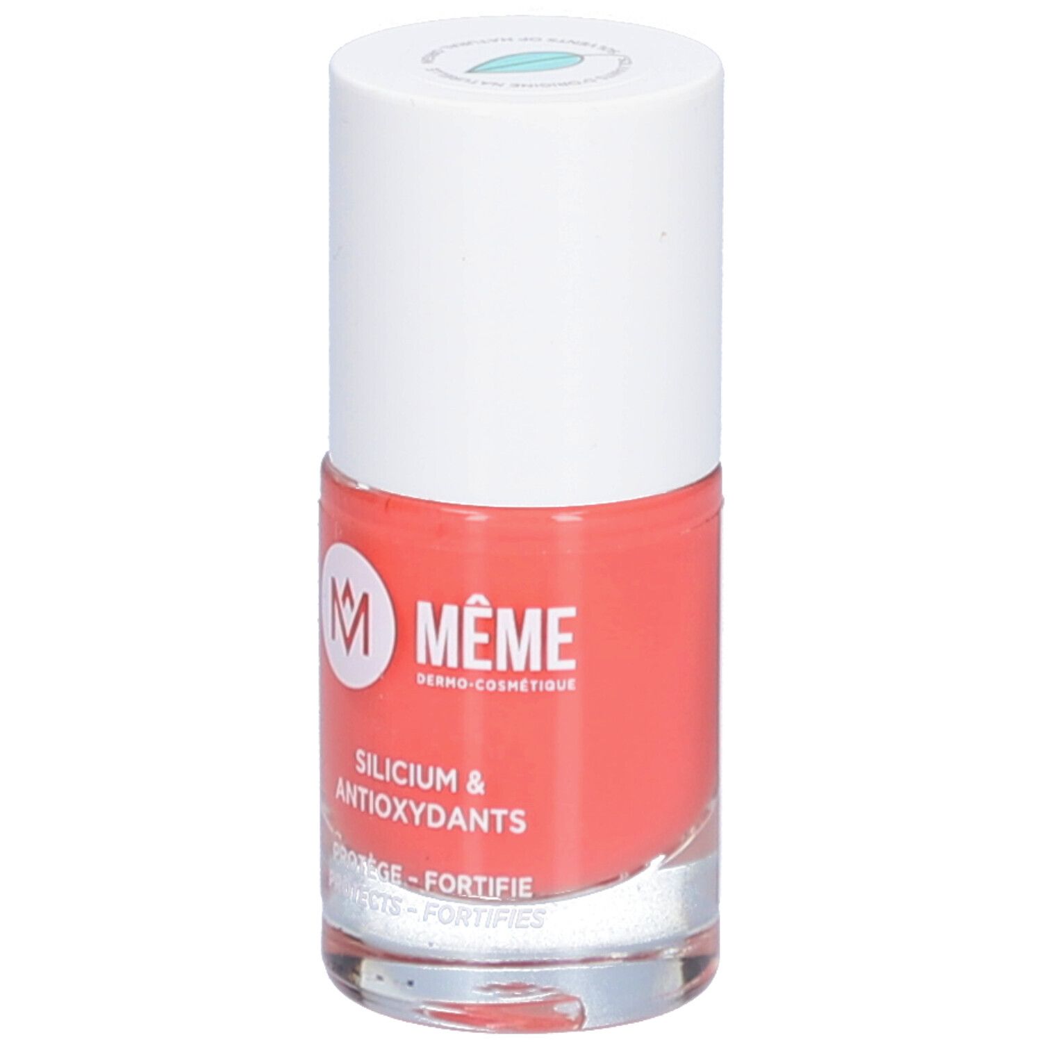 Nagellackflasche, rot, weißer Deckel. Aufschrift: MÊME, Silicium & Antioxidantien. Schützt und stärkt.