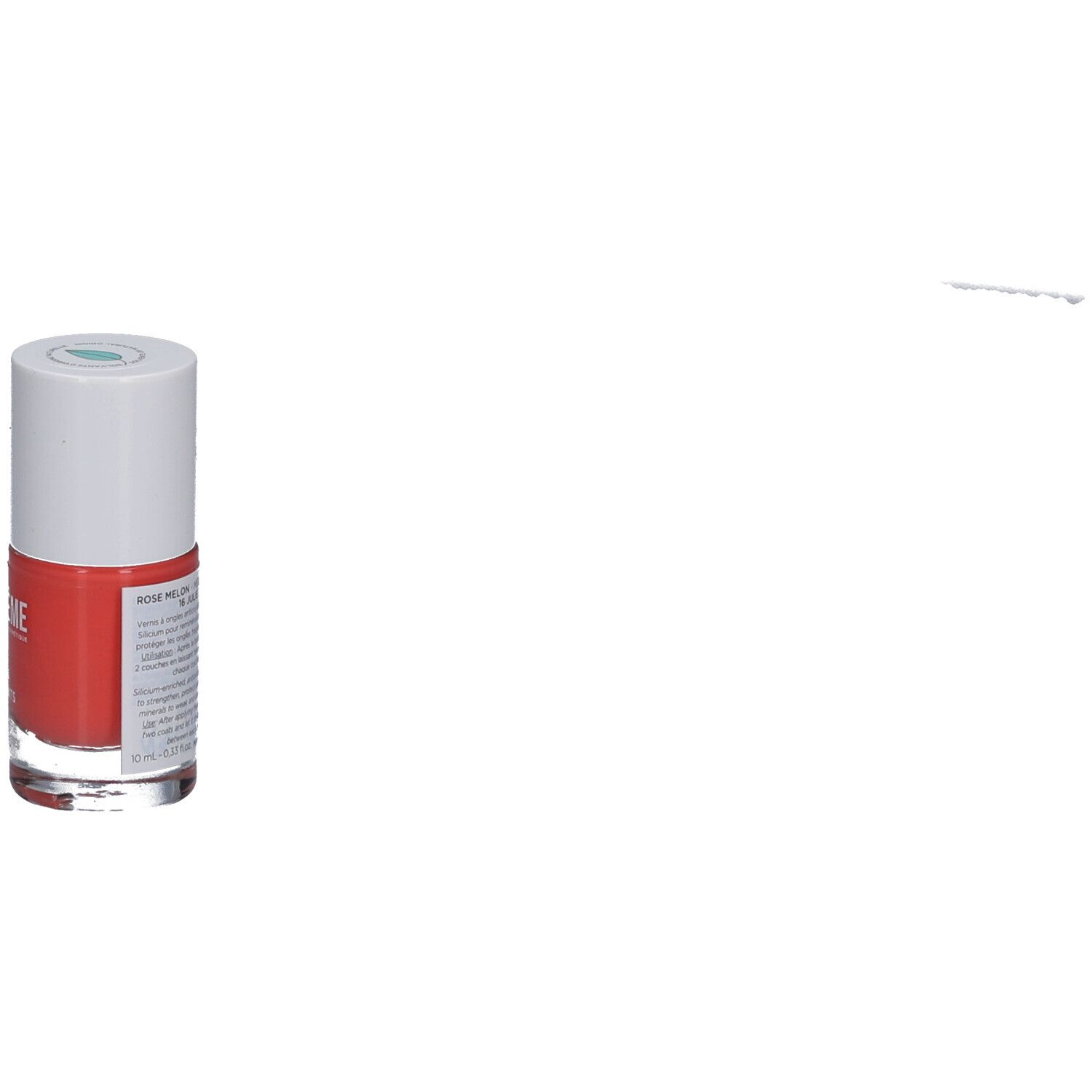 Nagellackflasche, rot, weißer Deckel. Aufschrift: Rose Melon 16 Julie. Produktinformationen auf der Rückseite.