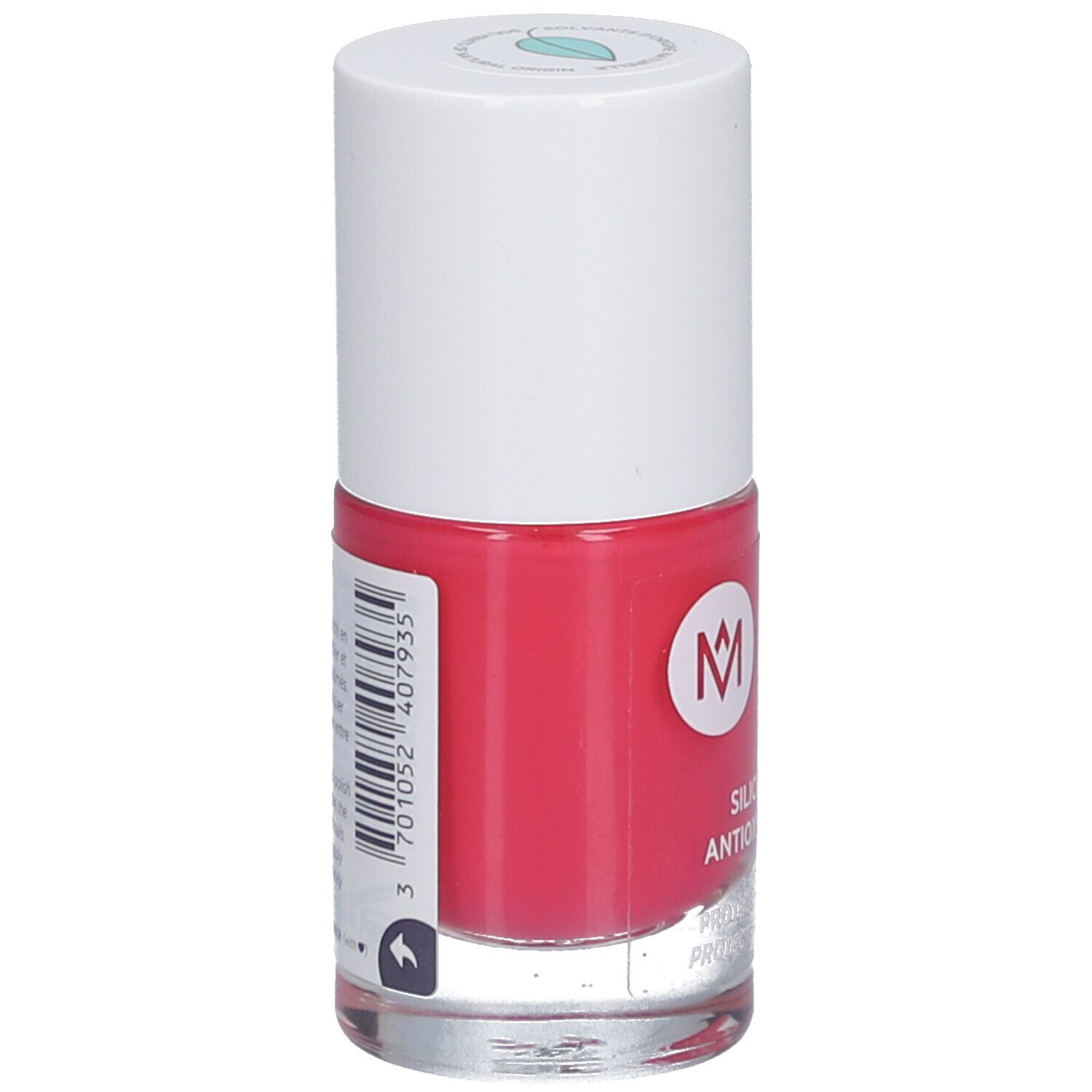 Nagellackflasche, pinkfarbenes Produkt. Weißer Deckel, Logo und Schriftzug. Rückseite mit Text und Barcode.