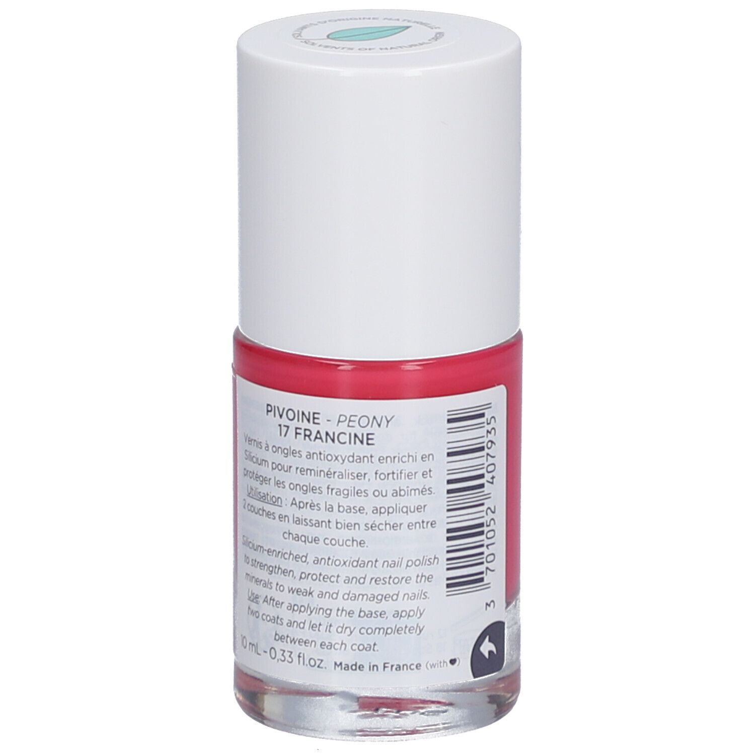 Nagellackflasche, pinkfarbenes Produkt. Weißer Deckel, Logo und Schriftzug. Text mit Inhaltsstoffen und Anwendung.