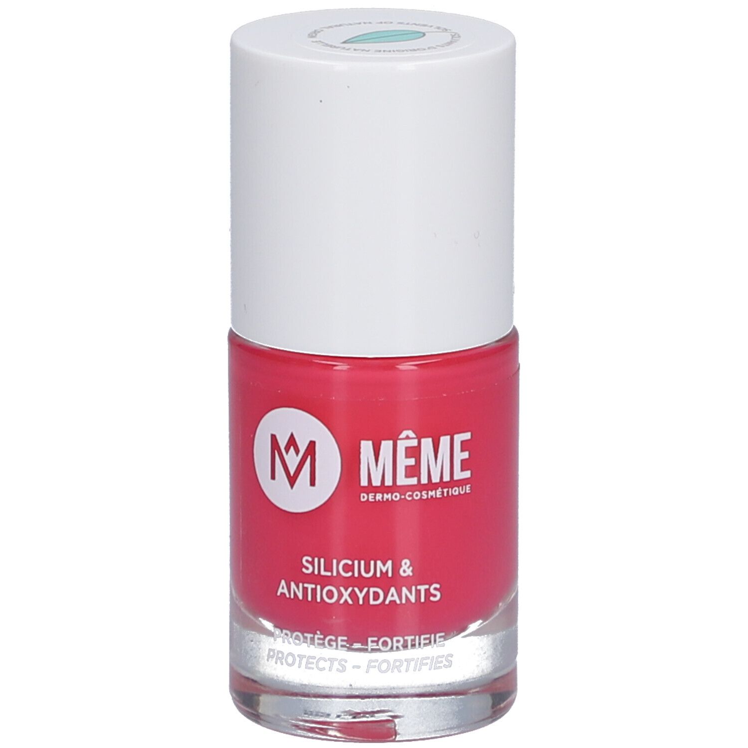 Nagellackflasche, pinkfarbenes Produkt. Weißer Deckel, Logo und Schriftzug. Silicium & Antioxidantien.