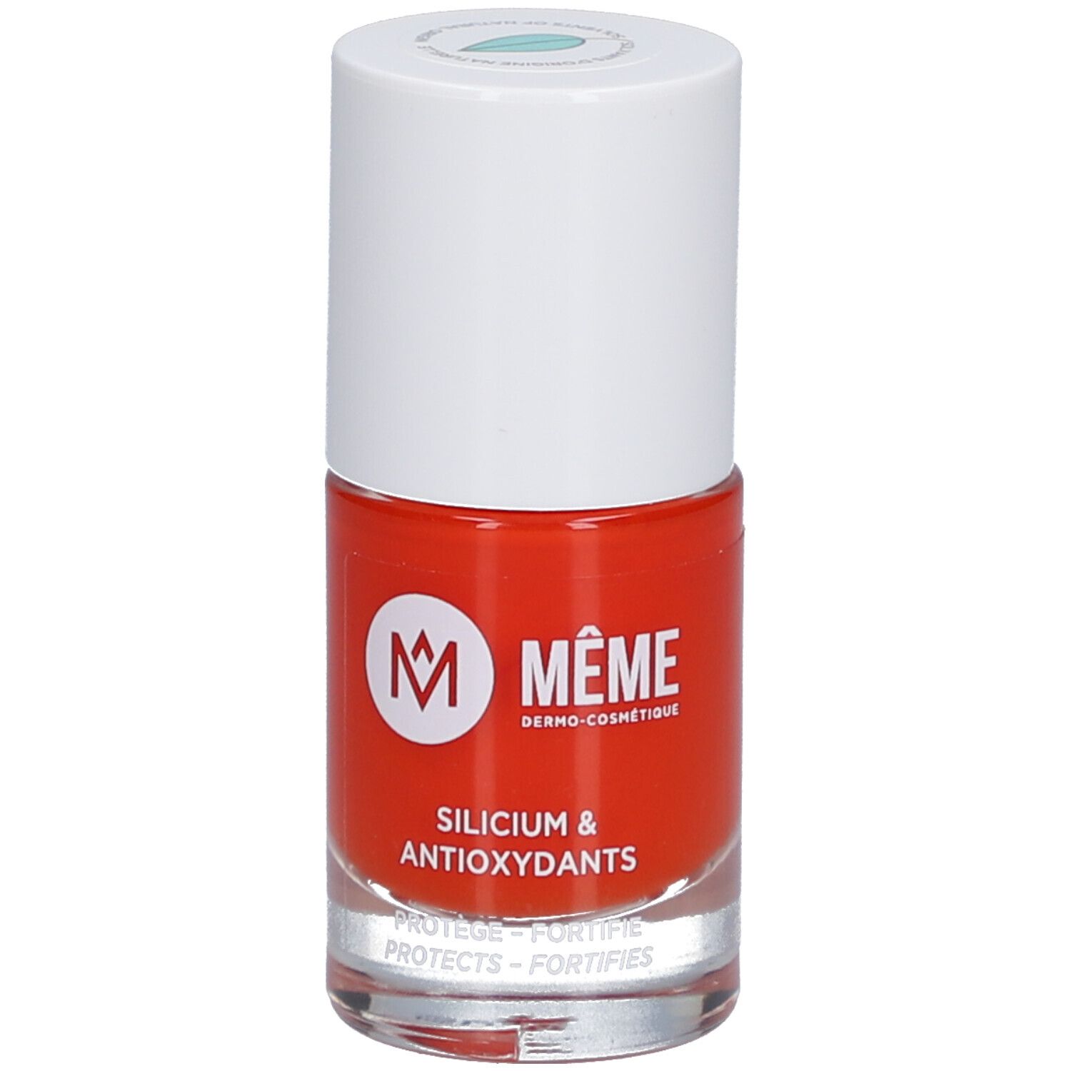 Flacon de vernis à ongles rouge, bouchon blanc. Inscription: MÊME, Silicium & Antioxydants. PROTECTS - FORTIFIES.
