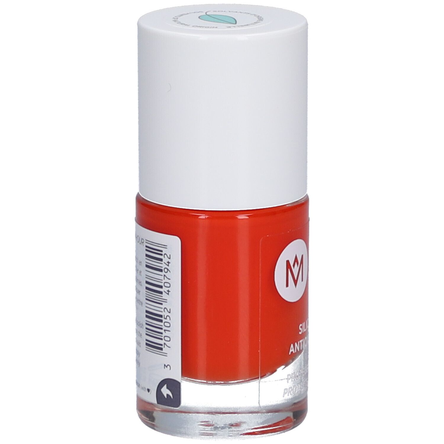 Flacon de vernis à ongles rouge, bouchon blanc. Inscription: MÊME, Silicium & Antioxydants. Code-barres et informations.
