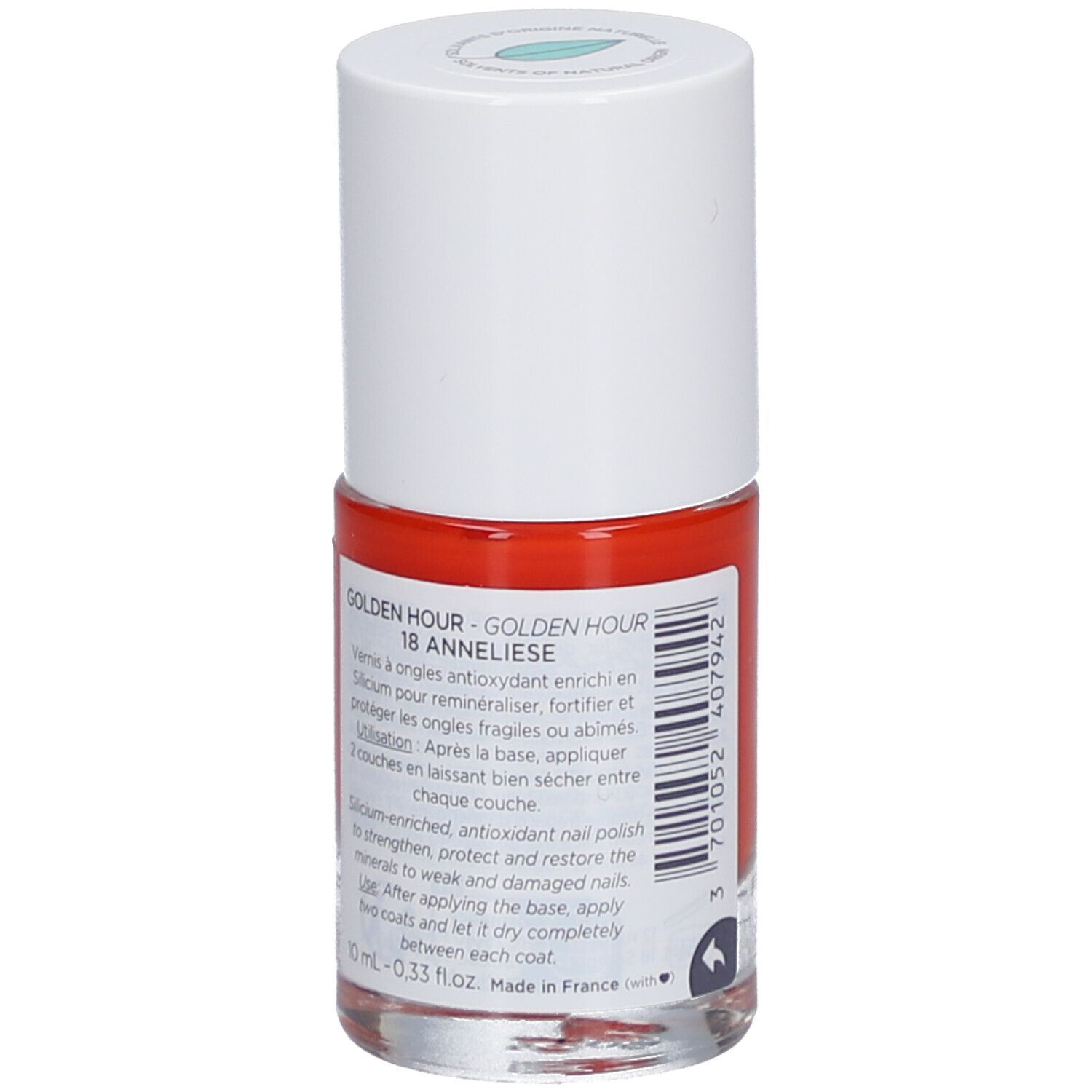 Flacon de vernis à ongles rouge, bouchon blanc. Inscription: GOLDEN HOUR 18 ANNELIESE. Informations sur l'étiquette.
