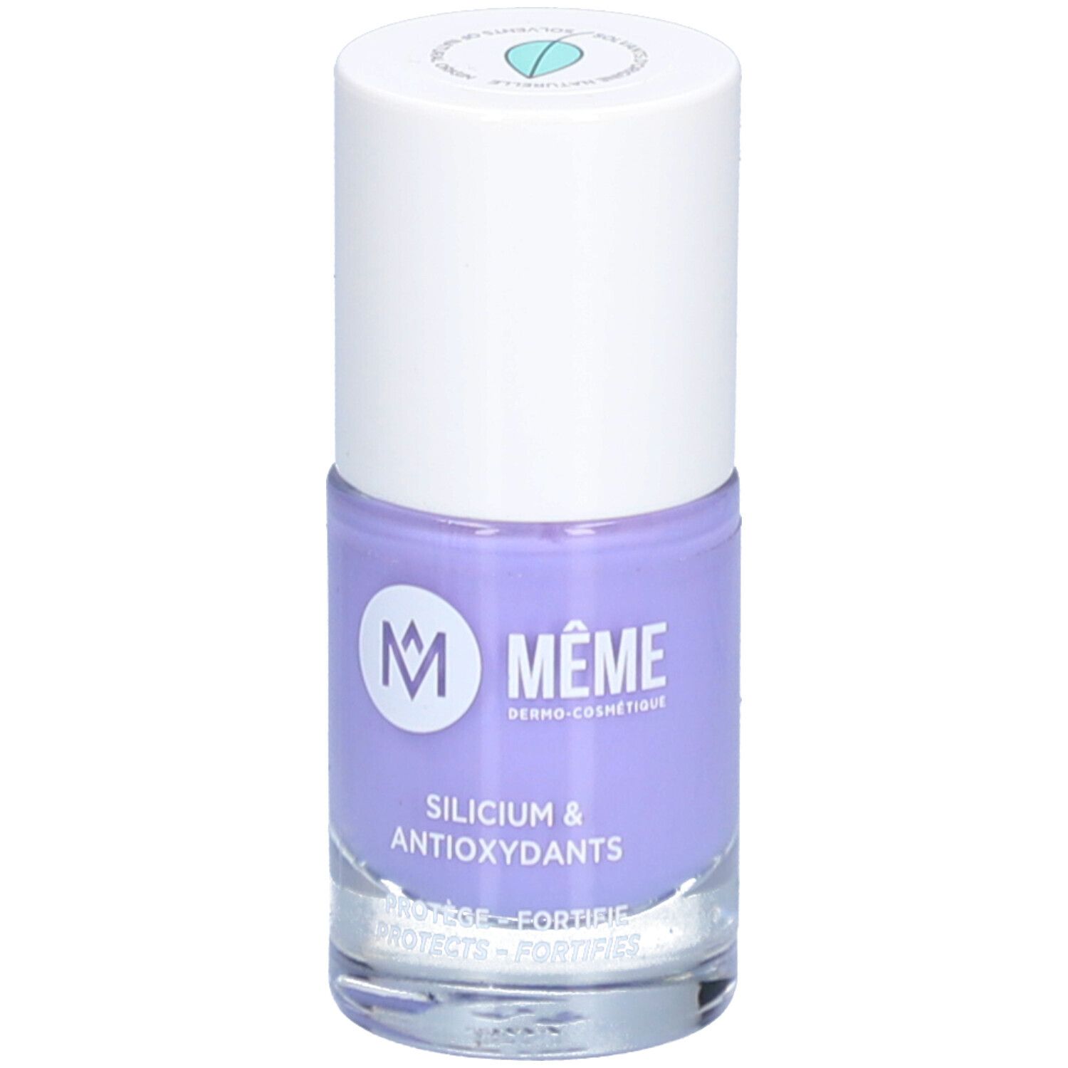 Flacon de vernis à ongles lilas. Marque MÊME. Inscription: Silicium & Antioxydants. Protège et fortifie les ongles.