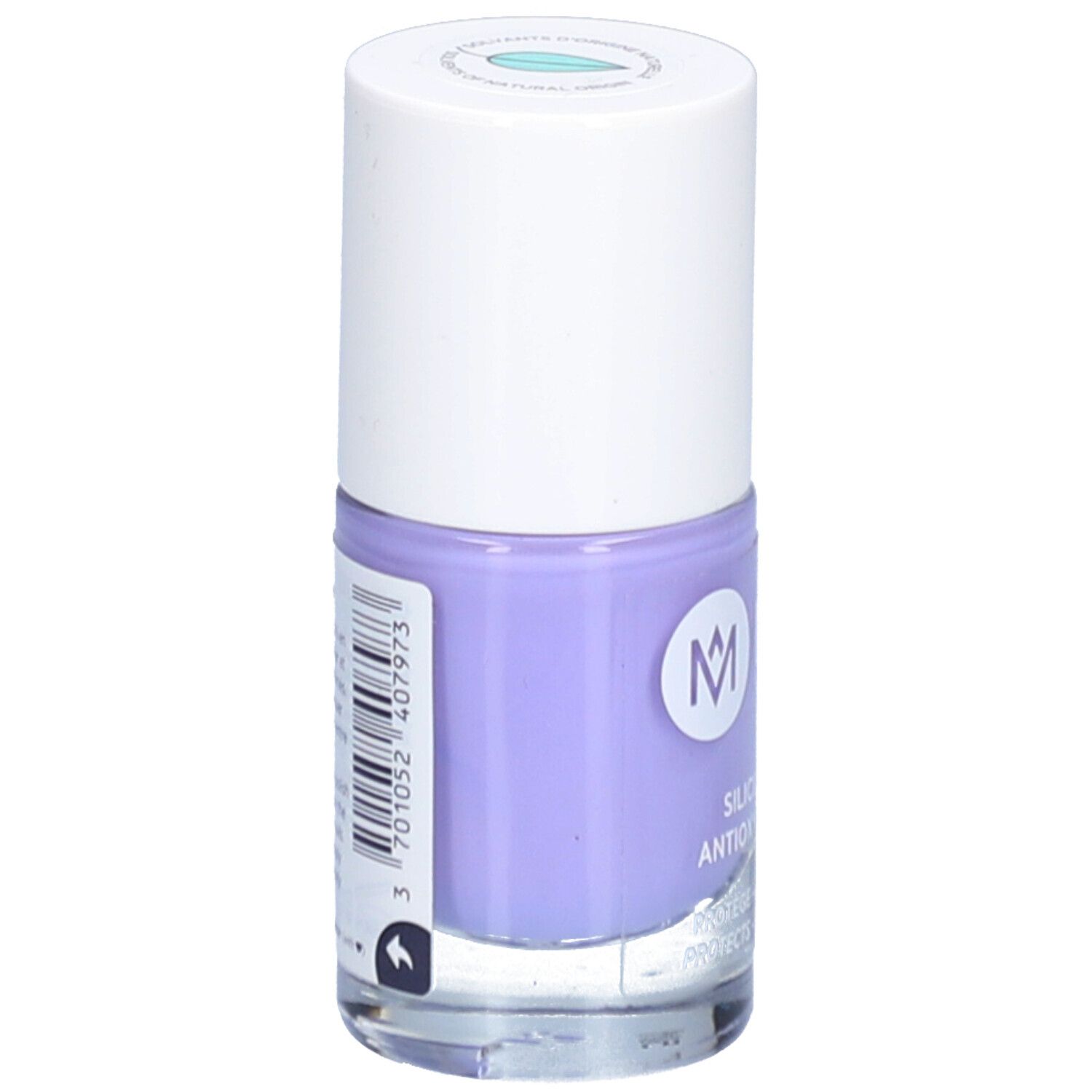 Flacon de vernis à ongles lilas. Marque MÊME. Inscription: Silicium & Antioxydants. Protège et fortifie les ongles.