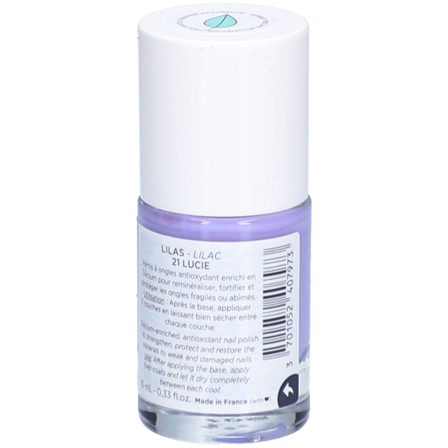 Flacon de vernis à ongles lilas. Marque MÊME. Inscription: Lilas 21 Lucie. Contient silicium & antioxydants. Protège et fortifie.