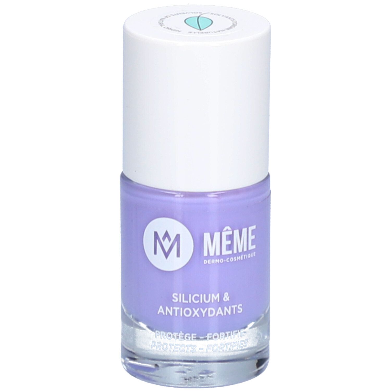 Flacon de vernis à ongles lilas. Marque MÊME. Inscription: Silicium & Antioxydants. Protège et fortifie les ongles.