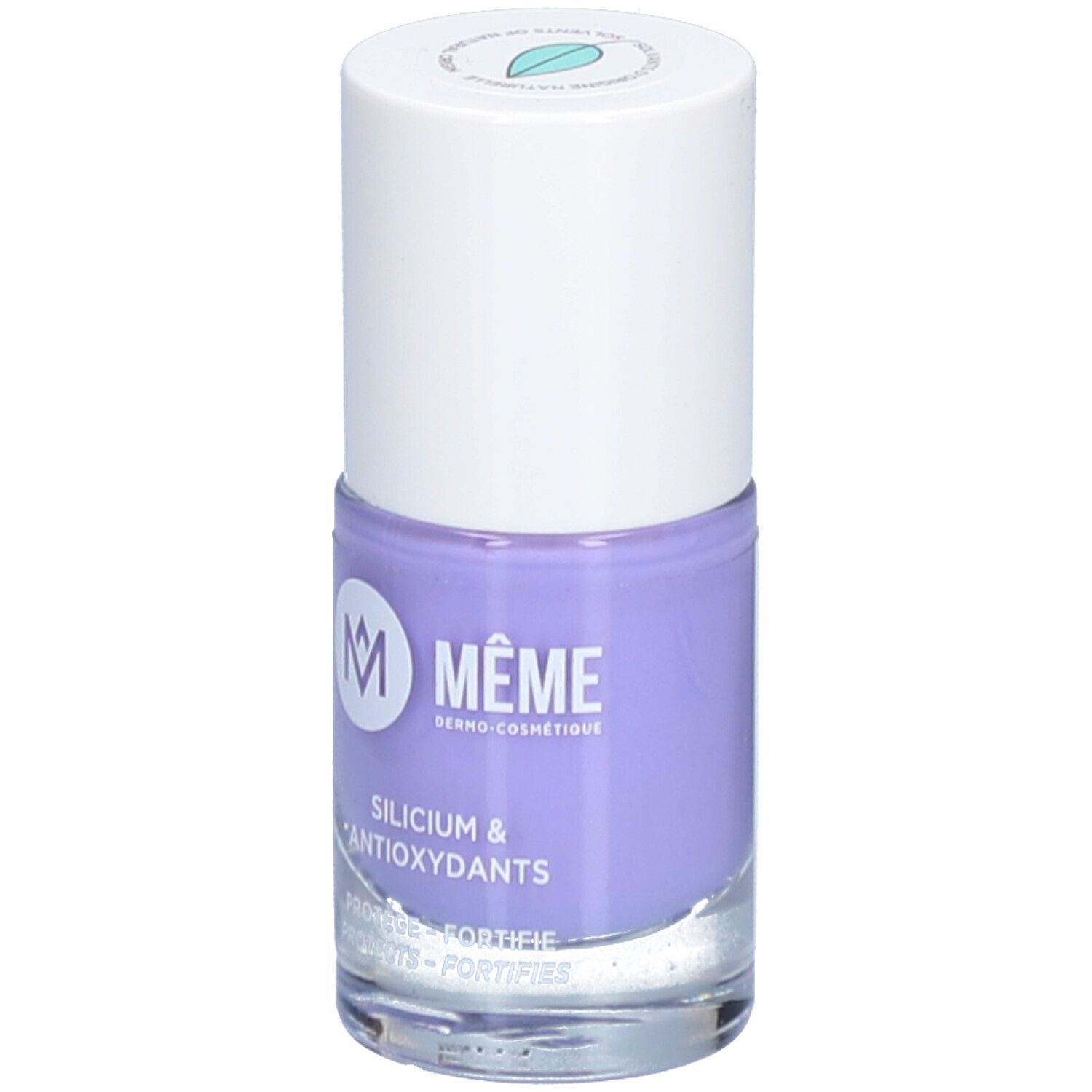 Flacon de vernis à ongles lilas. Marque MÊME. Inscription: Silicium & Antioxydants. Protège et fortifie les ongles.