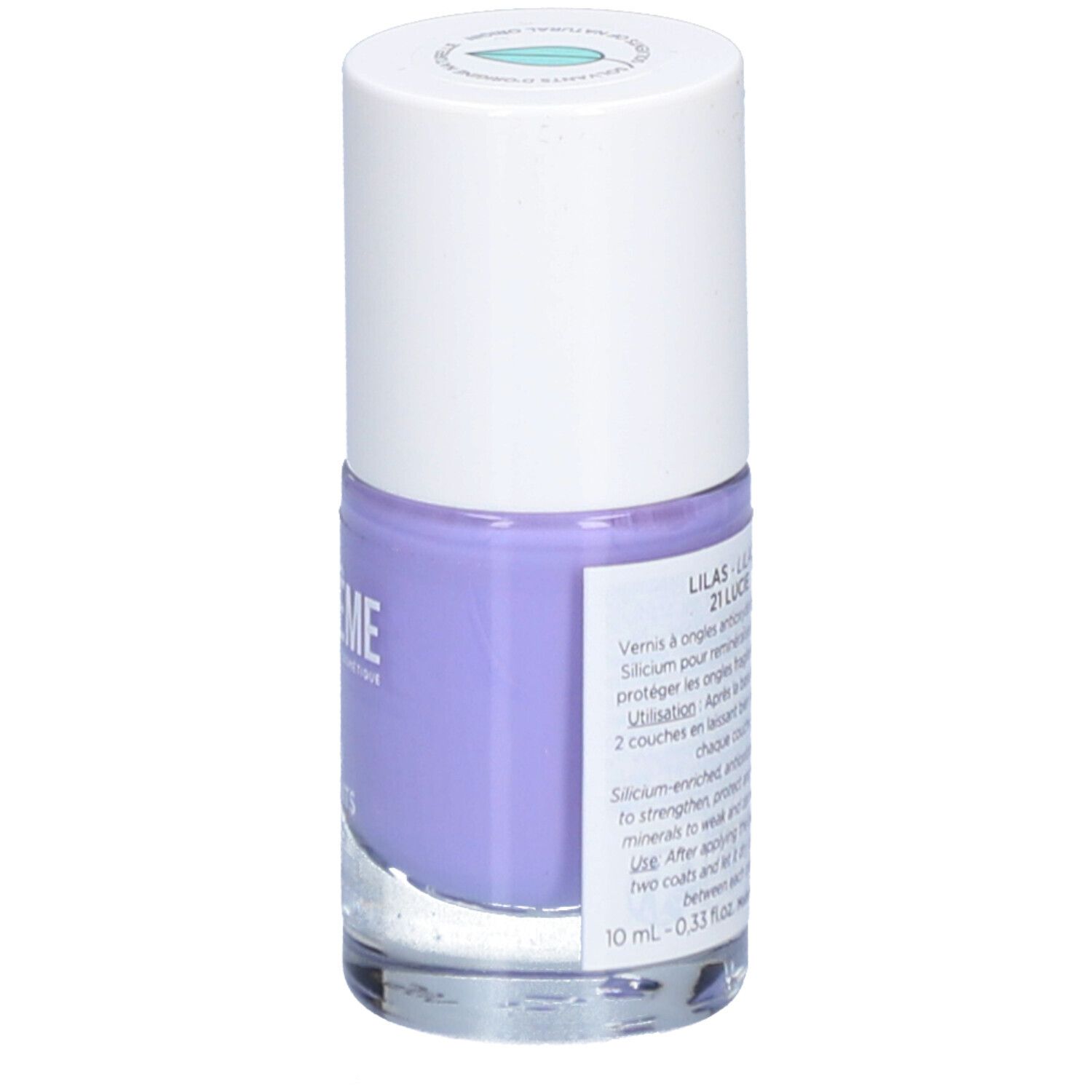 Flacon de vernis à ongles lilas. Marque MÊME. Inscription: Lilas 21 Lucie. Contient silicium & antioxydants. Protège et fortifie.