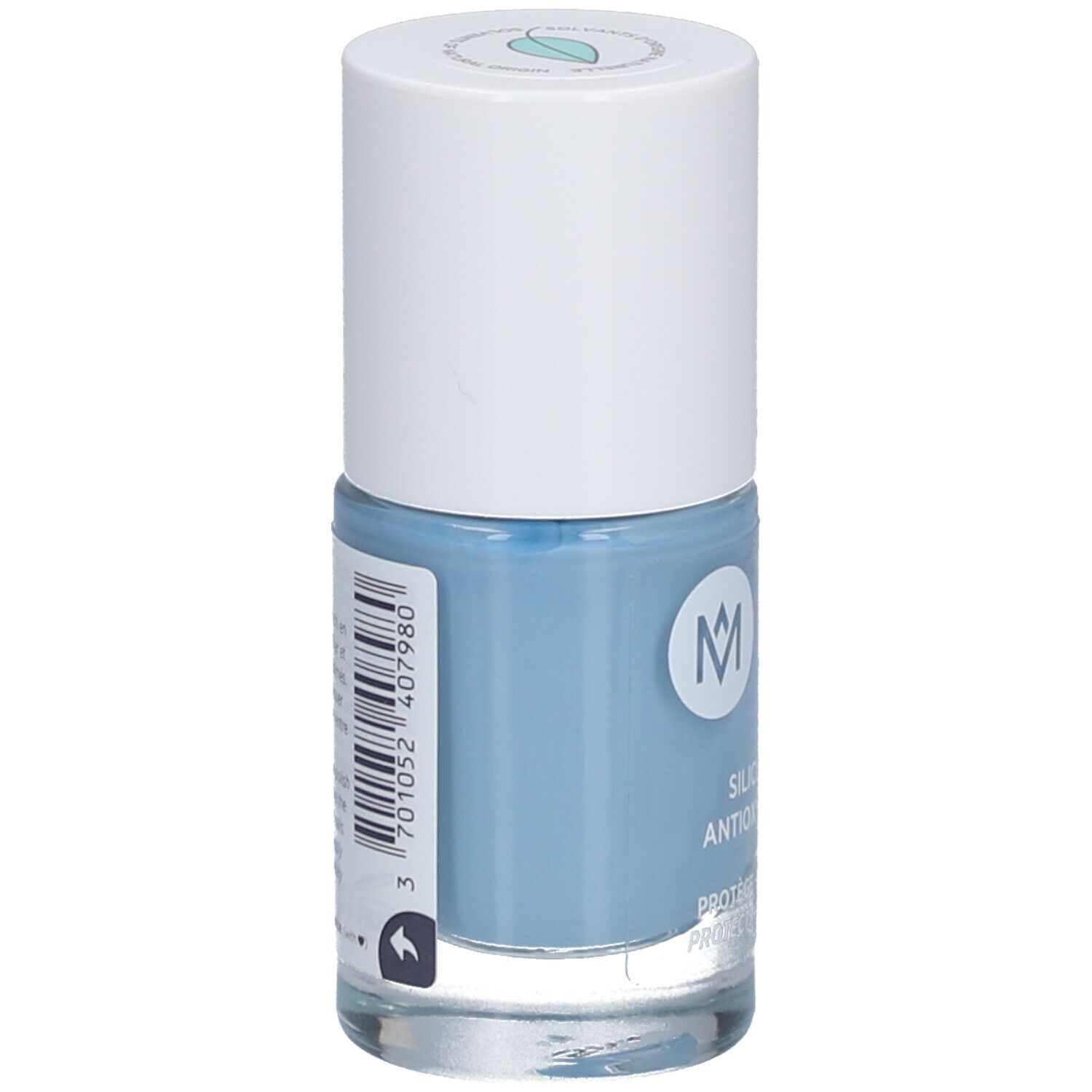Flacon de vernis à ongles MÊME, bleu clair. Dos avec code-barres et informations produit.