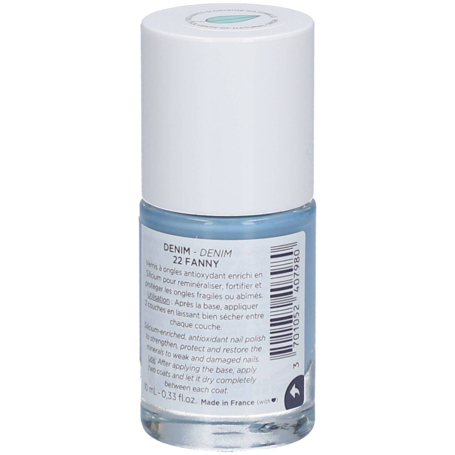 Flacon de vernis à ongles MÊME Denim 22 Fanny. Dos avec informations produit et ingrédients.