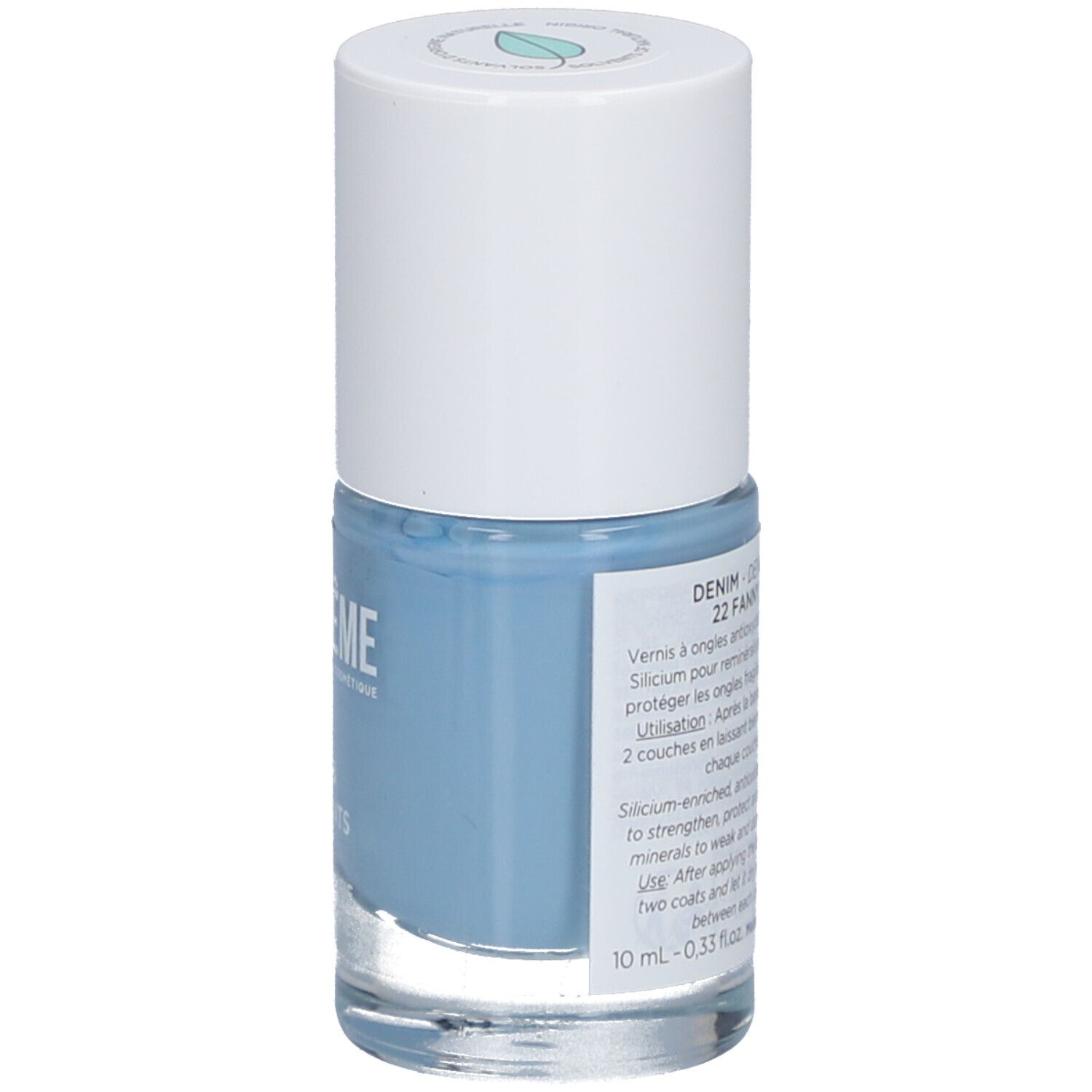 Flacon de vernis à ongles MÊME Denim 22 Fanny. Dos avec informations produit et ingrédients.