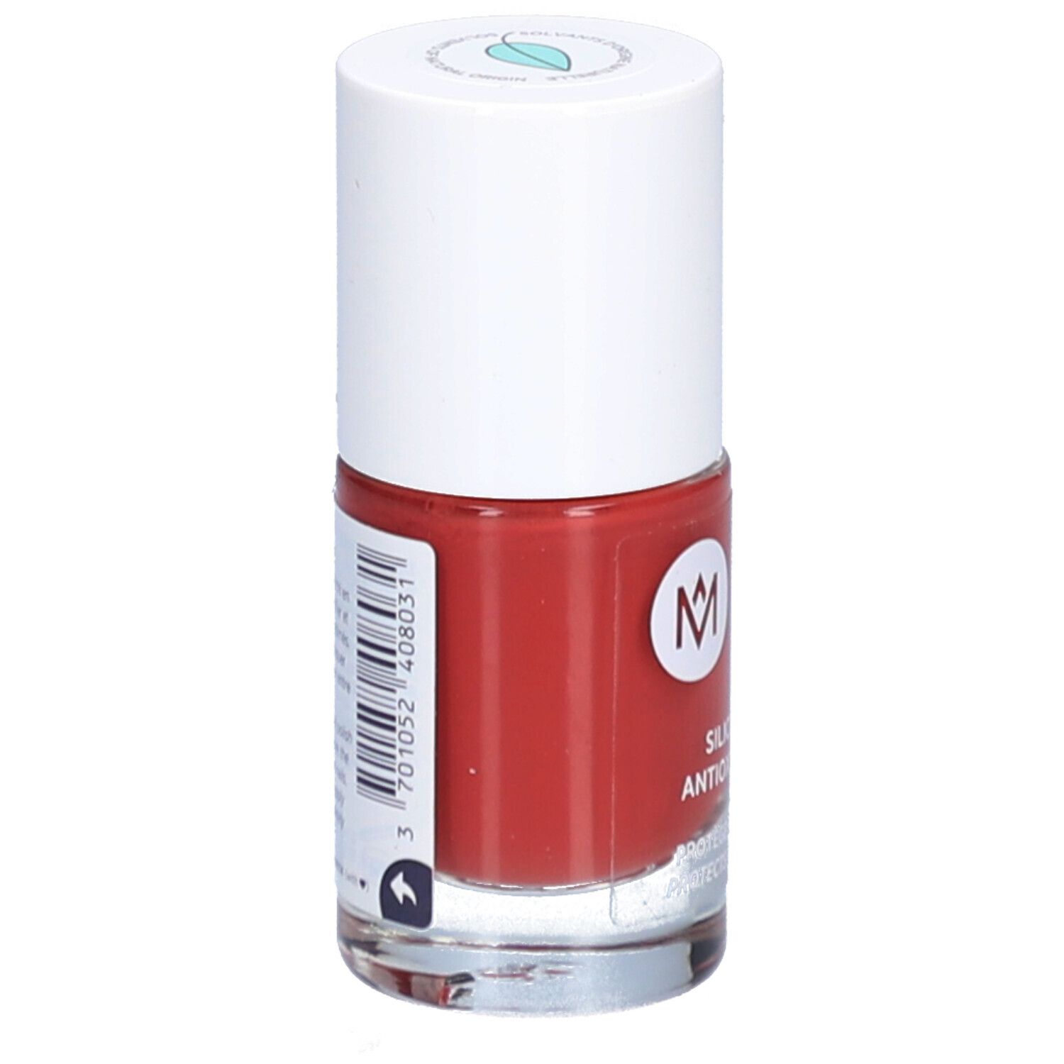 Flacon de vernis à ongles rouge. Bouchon blanc. Inscription : Silicium & Antioxydants. Marque : MÊME. Code-barres et informations.