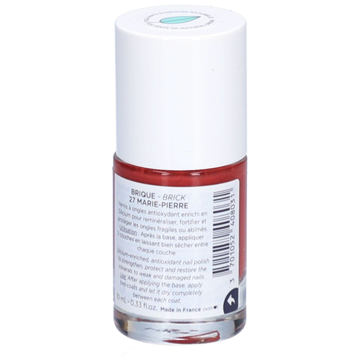Flacon de vernis à ongles rouge. Bouchon blanc. Inscription : Brique - Brick 27 Marie-Pierre. Informations sur l'étiquette.