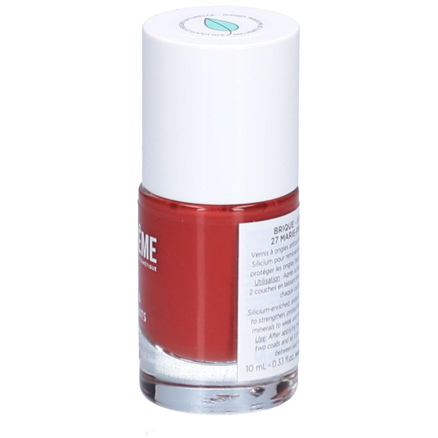 Flacon de vernis à ongles rouge. Bouchon blanc. Inscription : Brique - Brick 27 Marie-Pierre. Informations sur l'étiquette.