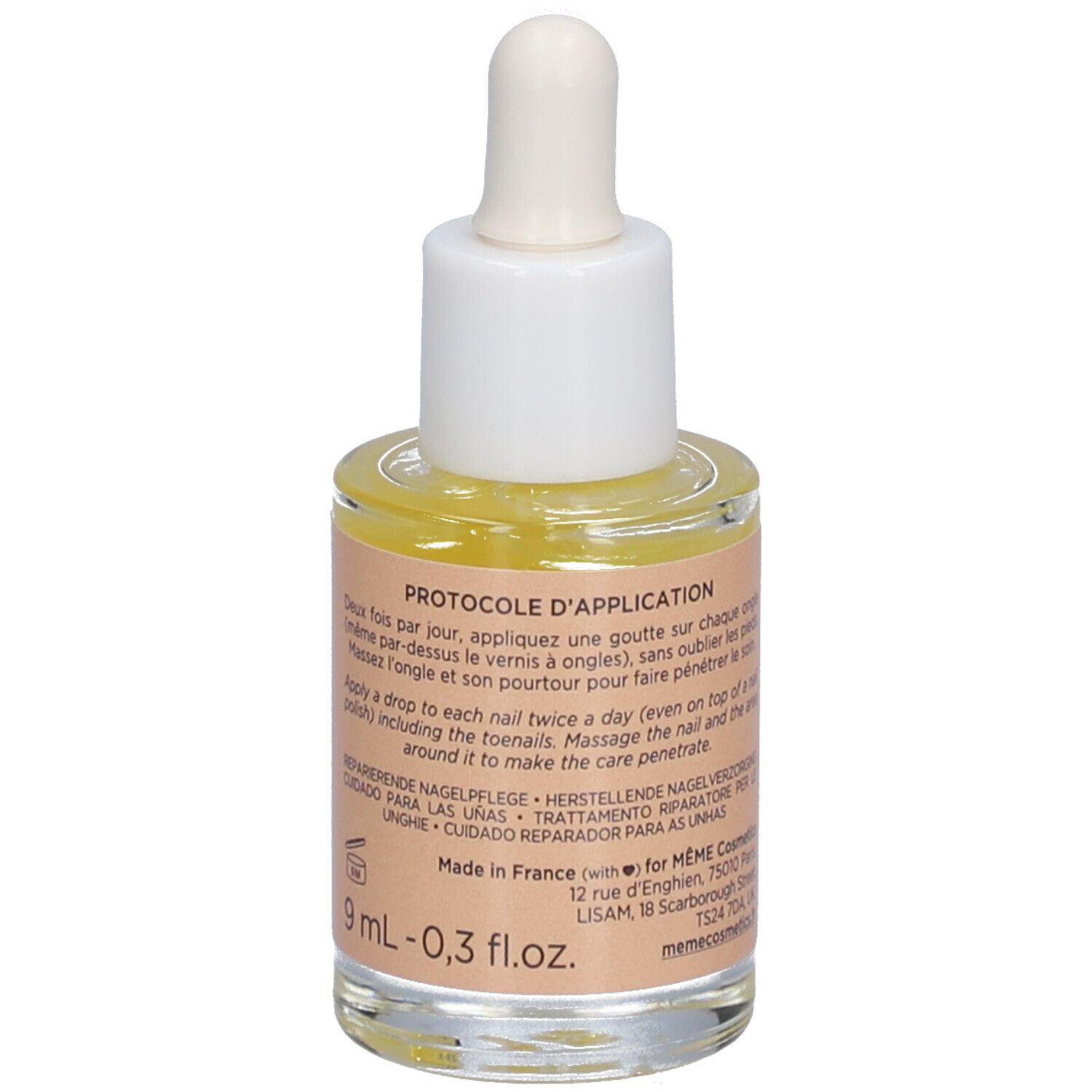 Flacon en verre avec pipette. Étiquette avec texte et informations. Marque MEME. 9 ml - 0,3 fl.oz.