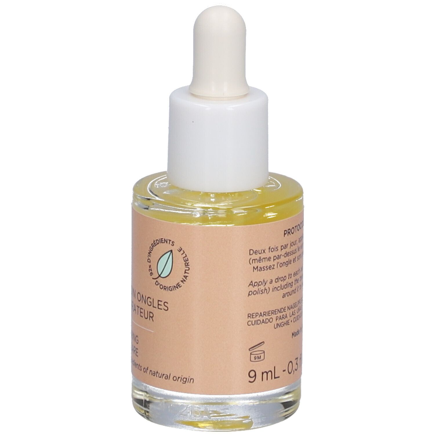Flacon en verre avec pipette. Étiquette avec texte et informations. Marque MEME. 9 ml - 0,3 fl.oz. Symbole de feuille.