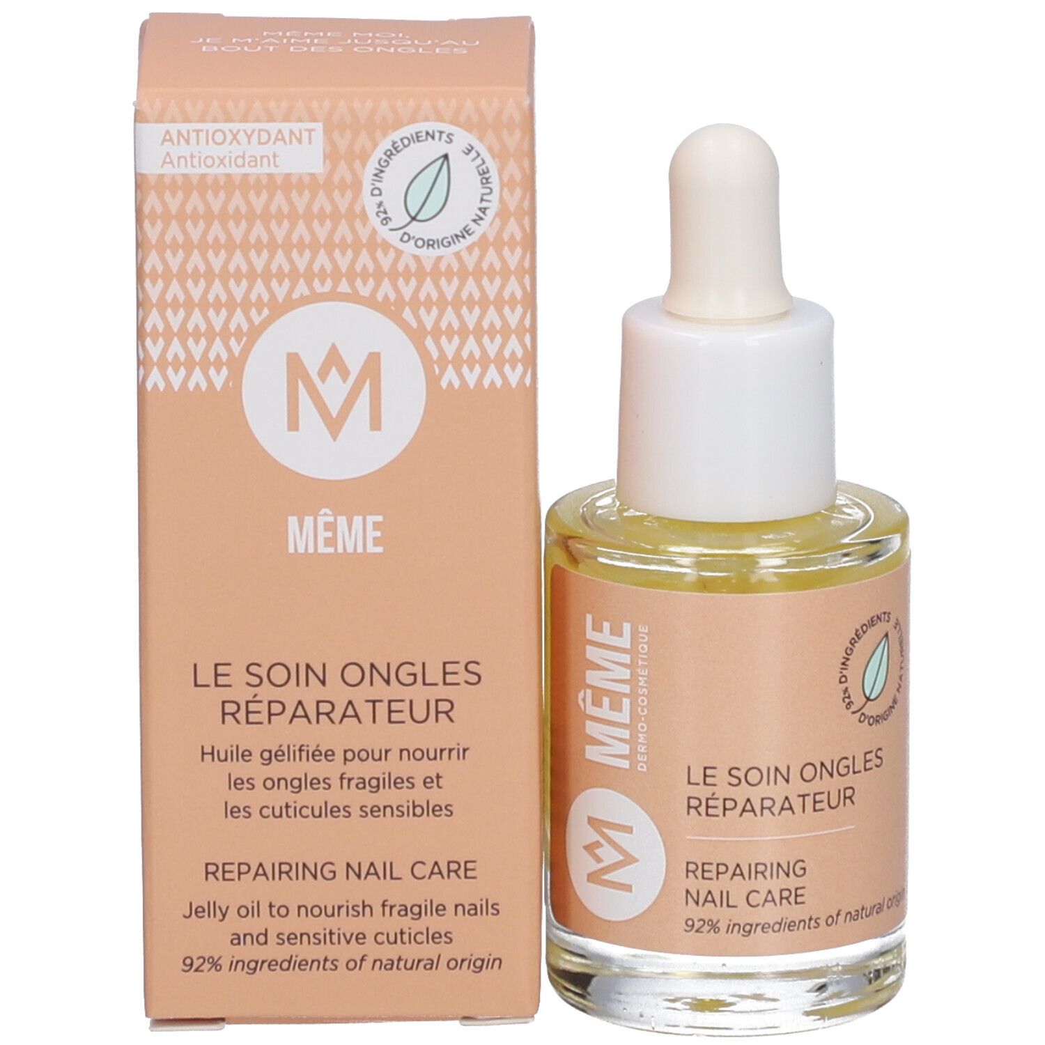 Emballage et flacon. Étiquette avec texte: LE SOIN ONGLES RÉPARATEUR, REPAIRING NAIL CARE, 92% ingrédients d'origine naturelle.