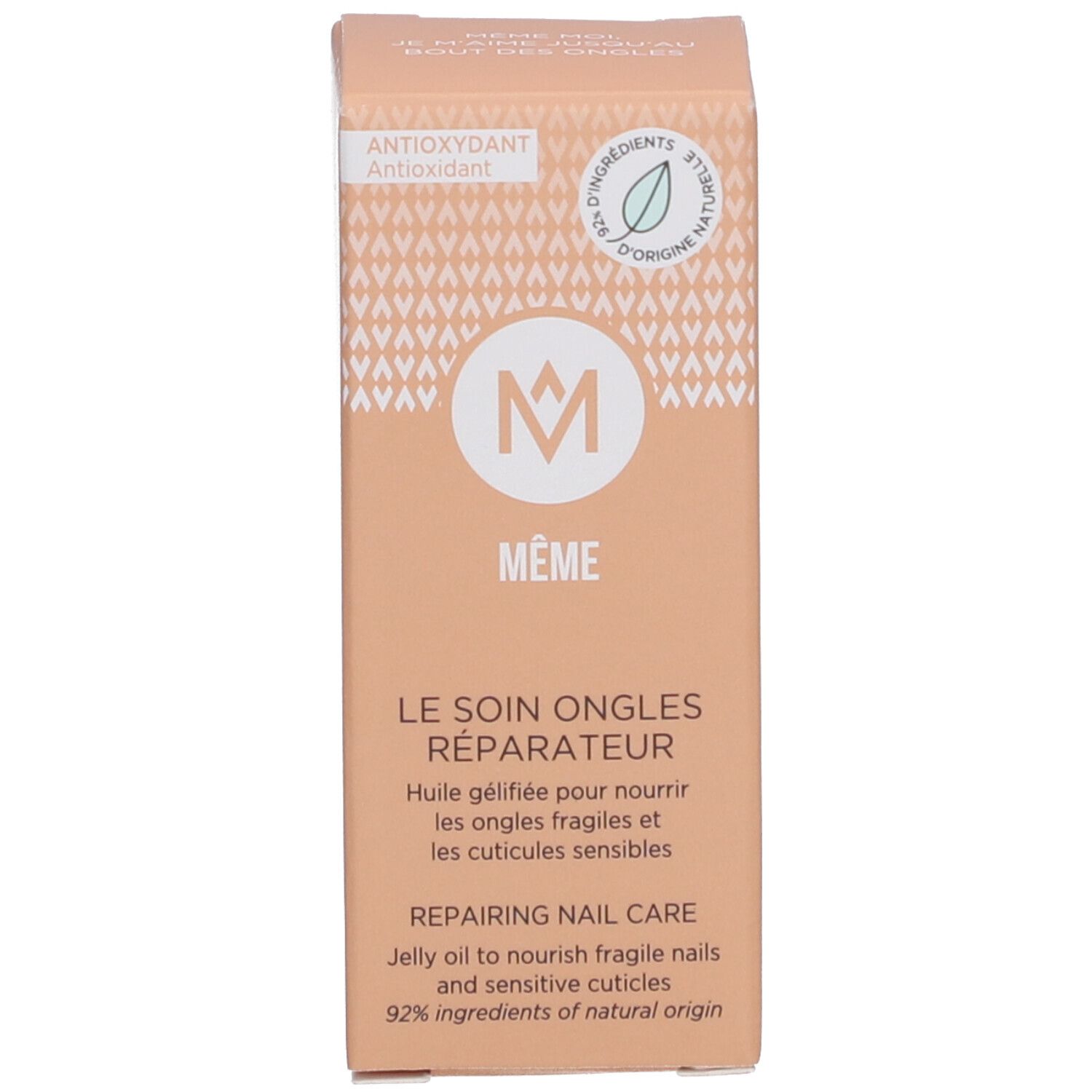 Emballage. Étiquette avec texte: LE SOIN ONGLES RÉPARATEUR, REPAIRING NAIL CARE, 92% ingrédients d'origine naturelle.