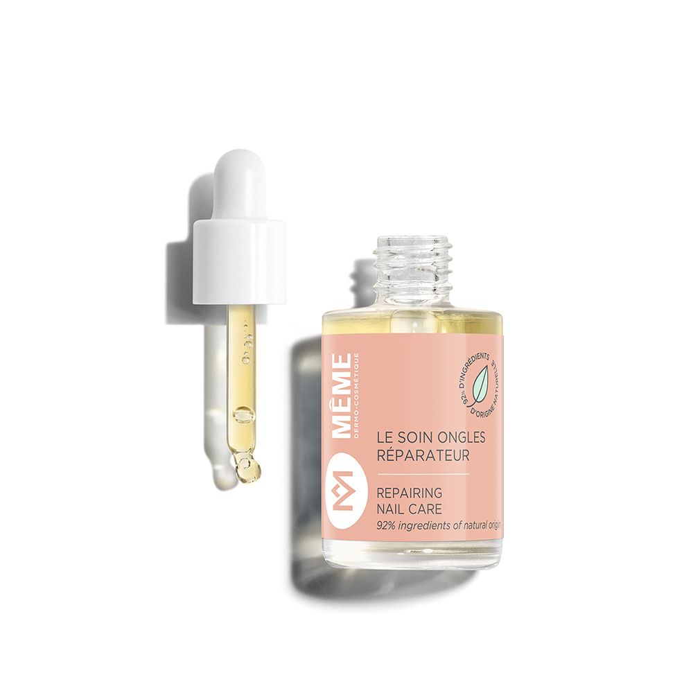 Flacon en verre avec pipette. Pipette avec liquide. Étiquette avec texte: LE SOIN ONGLES RÉPARATEUR, REPAIRING NAIL CARE.