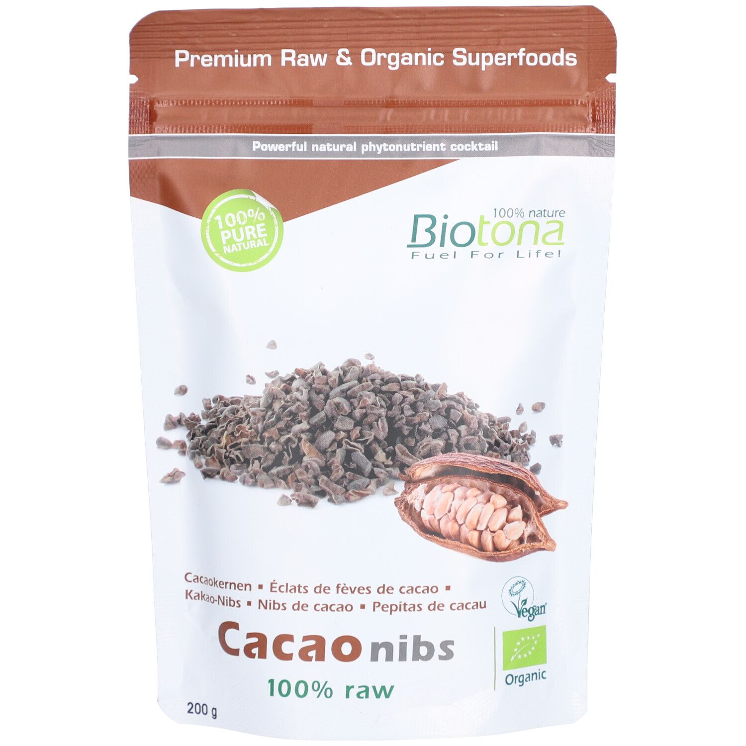 Zak Biotona Bio Kakaonibs. Opschrift: Cacao nibs, 100% raw, 200g. Boven: Premium Raw & Organic Superfoods. Logo's: 100% Pure Natural, Vegan, Organic.