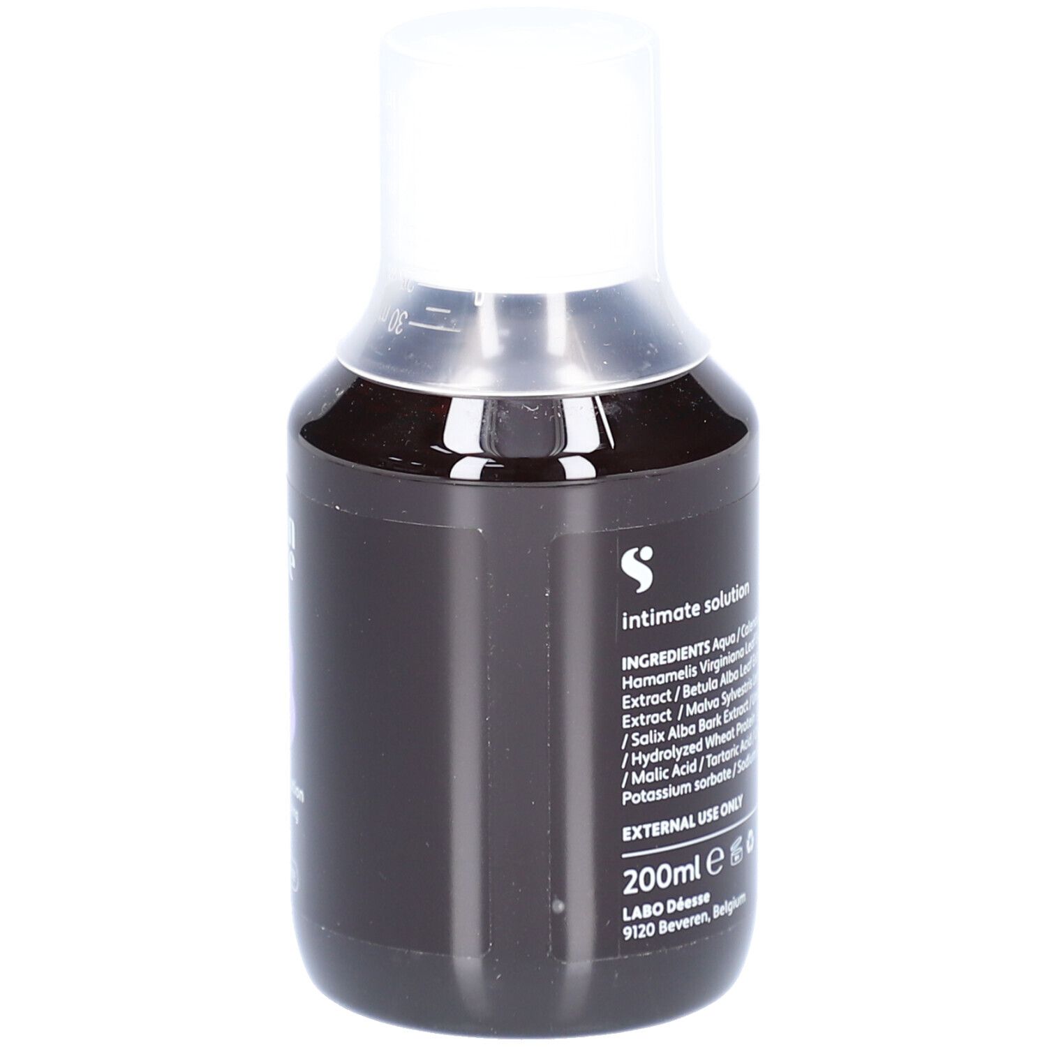 Dunkle Flasche mit weißem Deckel. Aufschrift mit Inhaltsstoffen, Logo und Volumen. 200ml. Entwickelt und von Gynäkologen zugelassen.