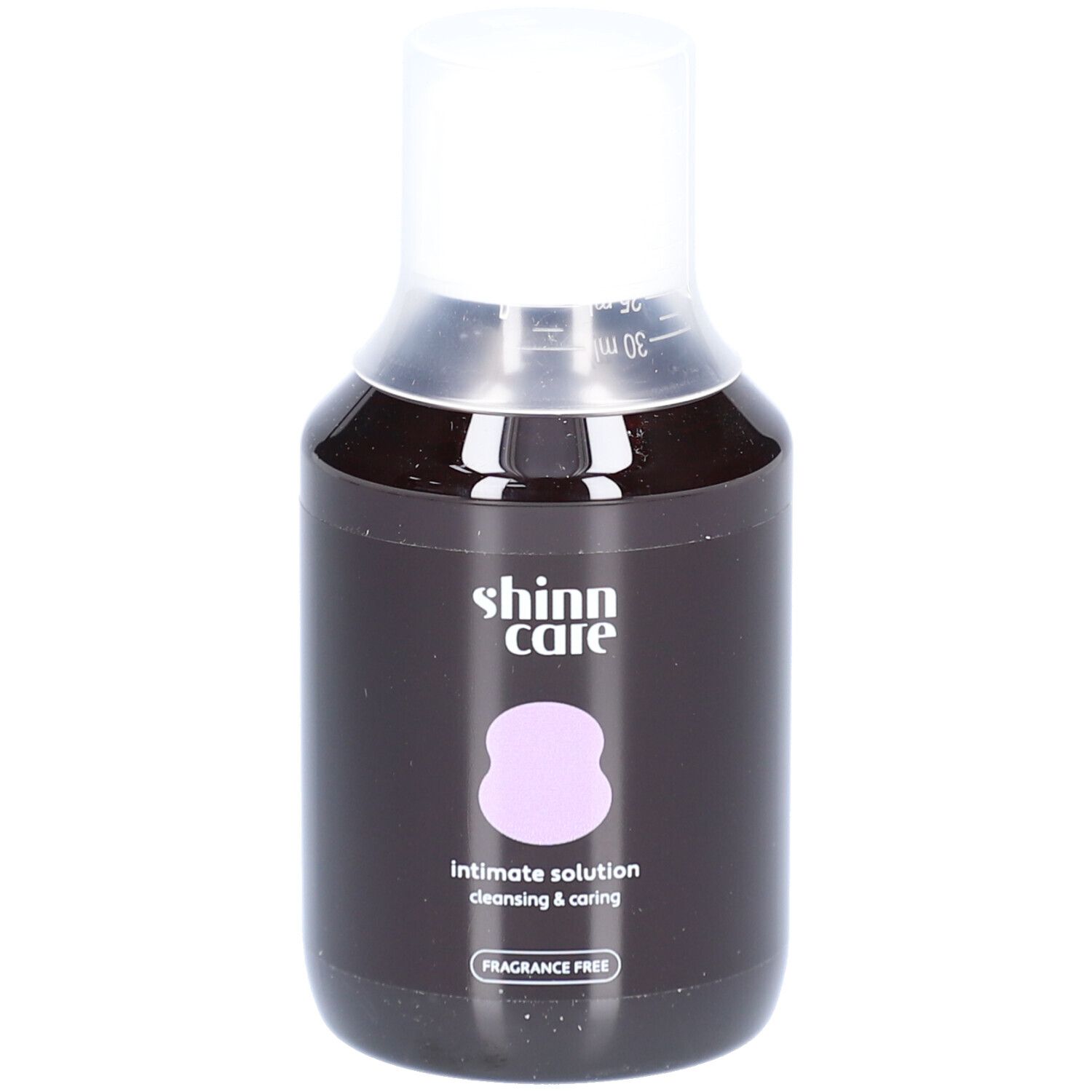 Dunkle Flasche mit weißem Deckel. Aufschrift mit Logo, Produktname und 'FRAGRANCE FREE'.