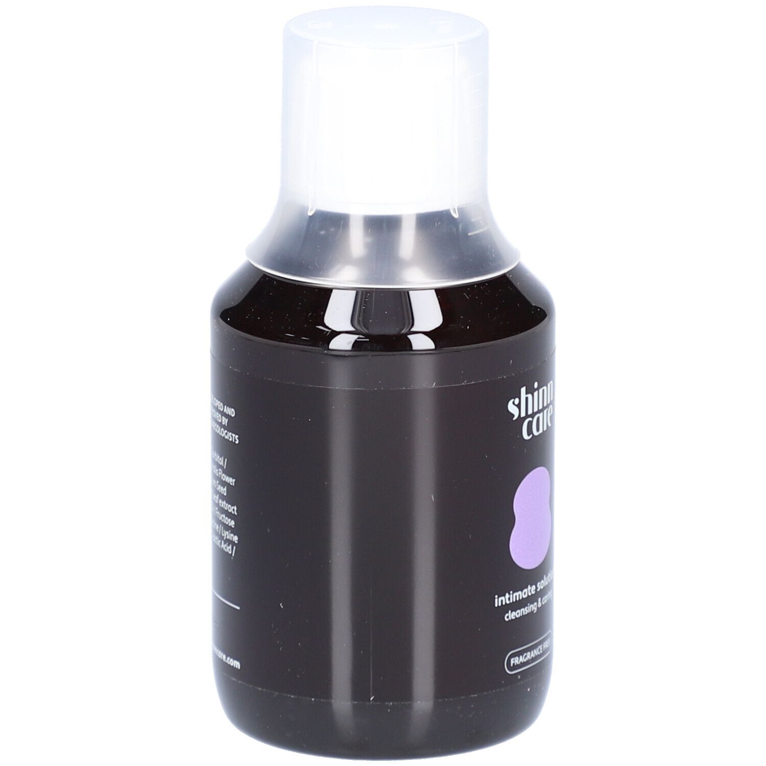 Dunkle Flasche mit weißem Deckel. Aufschrift mit Logo, Produktname und 'FRAGRANCE FREE'.
