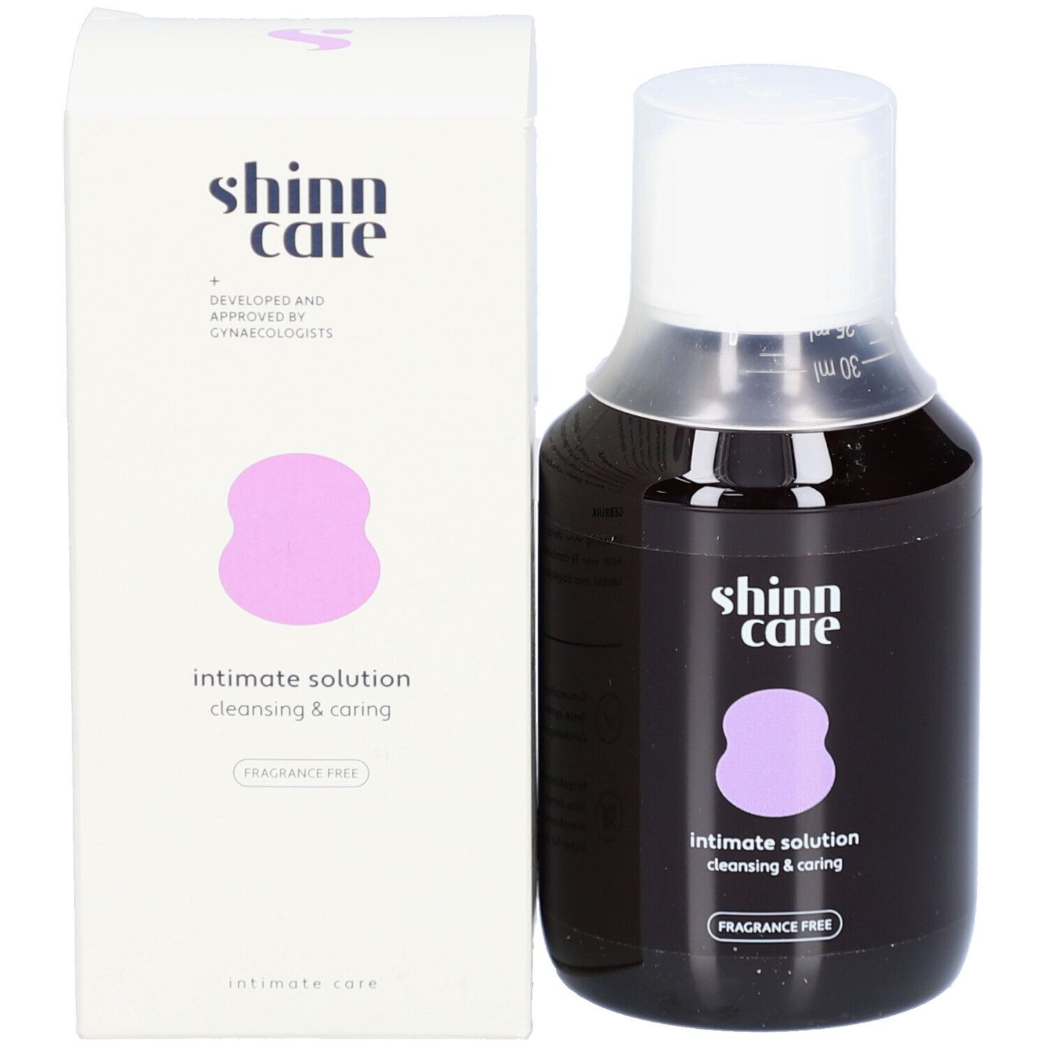 Flasche und Verpackung. Aufschrift mit Logo, Produktname und 'FRAGRANCE FREE'. Entwickelt und von Gynäkologen zugelassen.