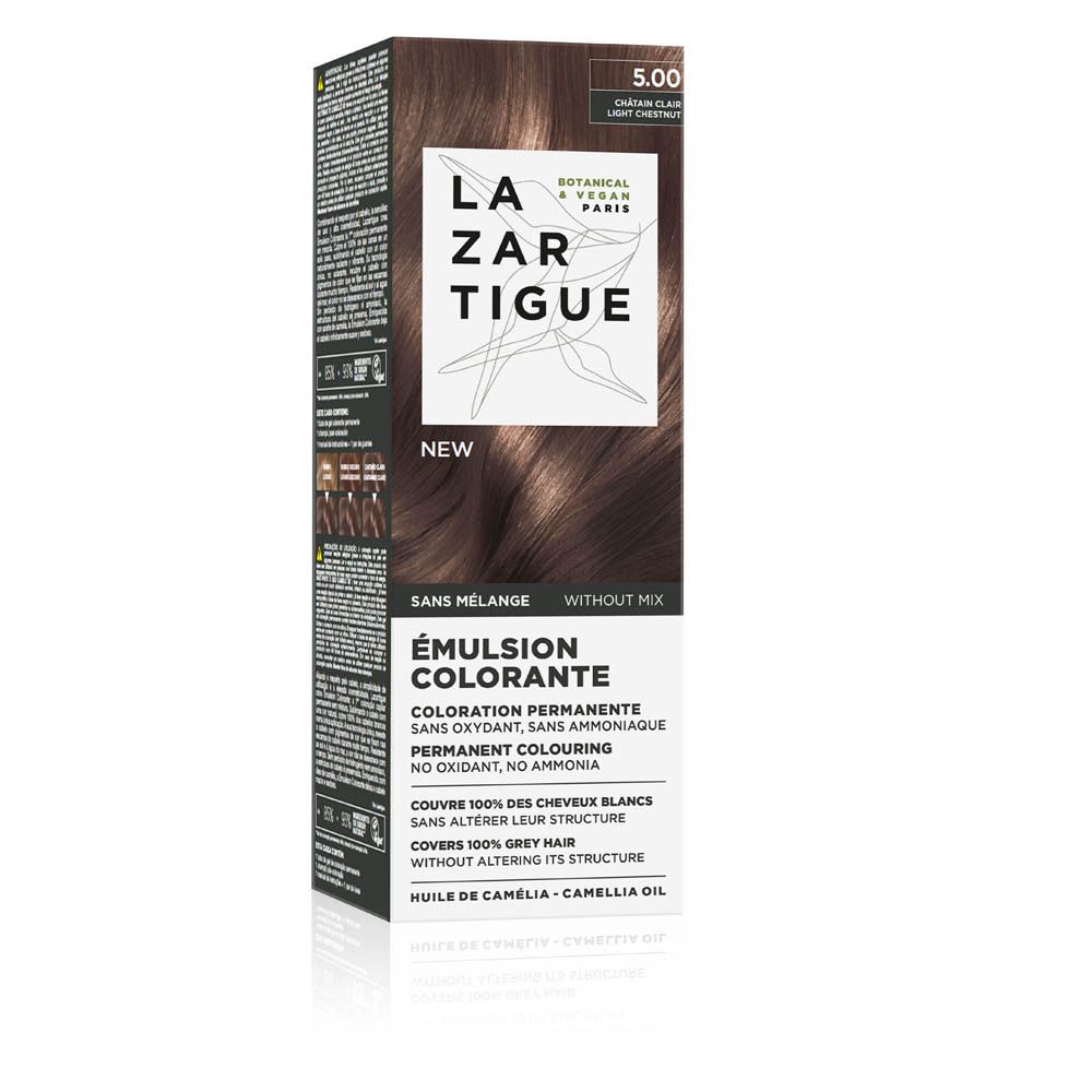 LAZARTIGUE Émulsion colorante 5.00 Châtain clair. Emballage avec informations produit et exemple de couleur. Botanique & Vegan.
