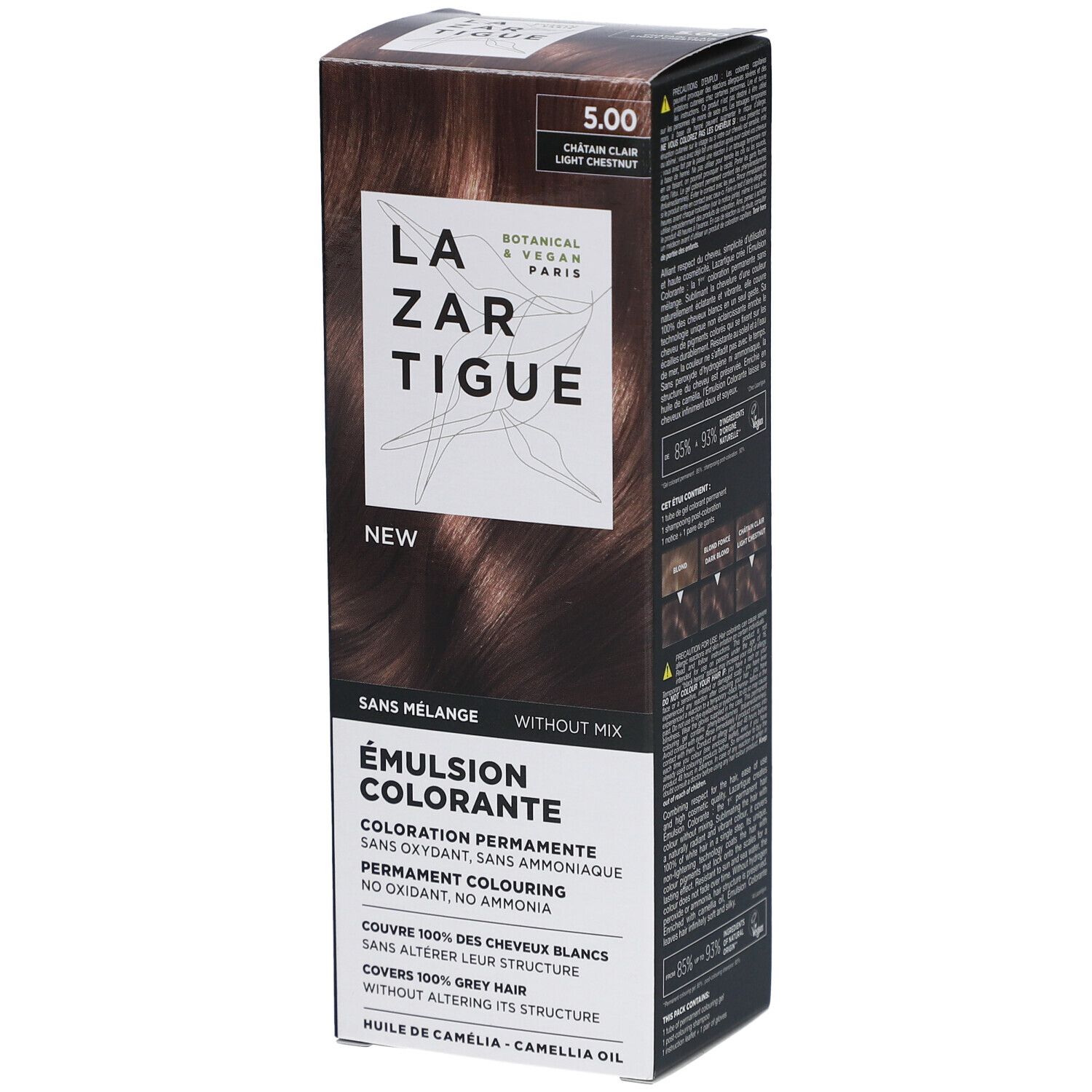LAZARTIGUE Émulsion colorante 5.00 Châtain clair. Boîte avec informations produit et exemple de couleur. Botanique & Vegan.