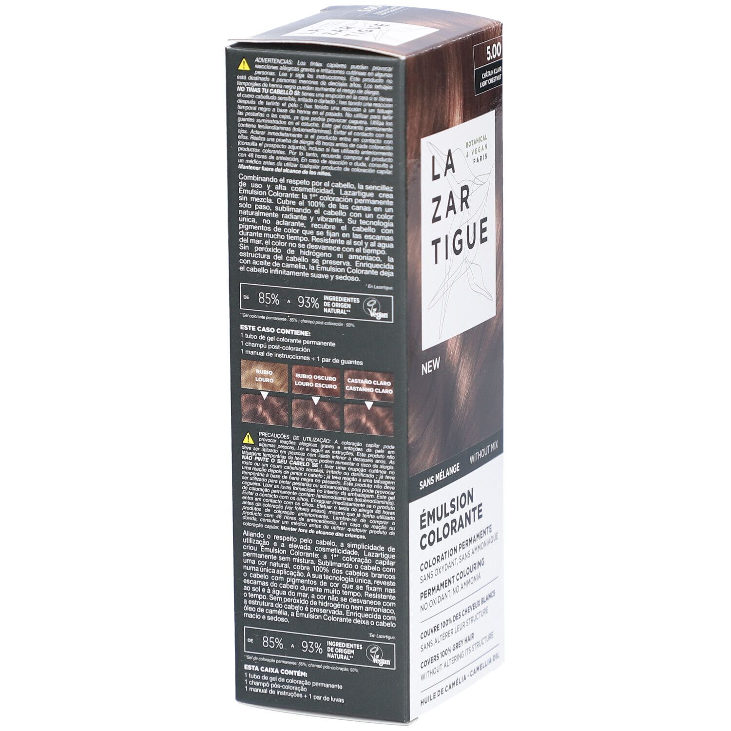 LAZARTIGUE Émulsion colorante 5.00 Châtain clair. Verso de l'emballage avec informations produit. Botanique & Vegan.