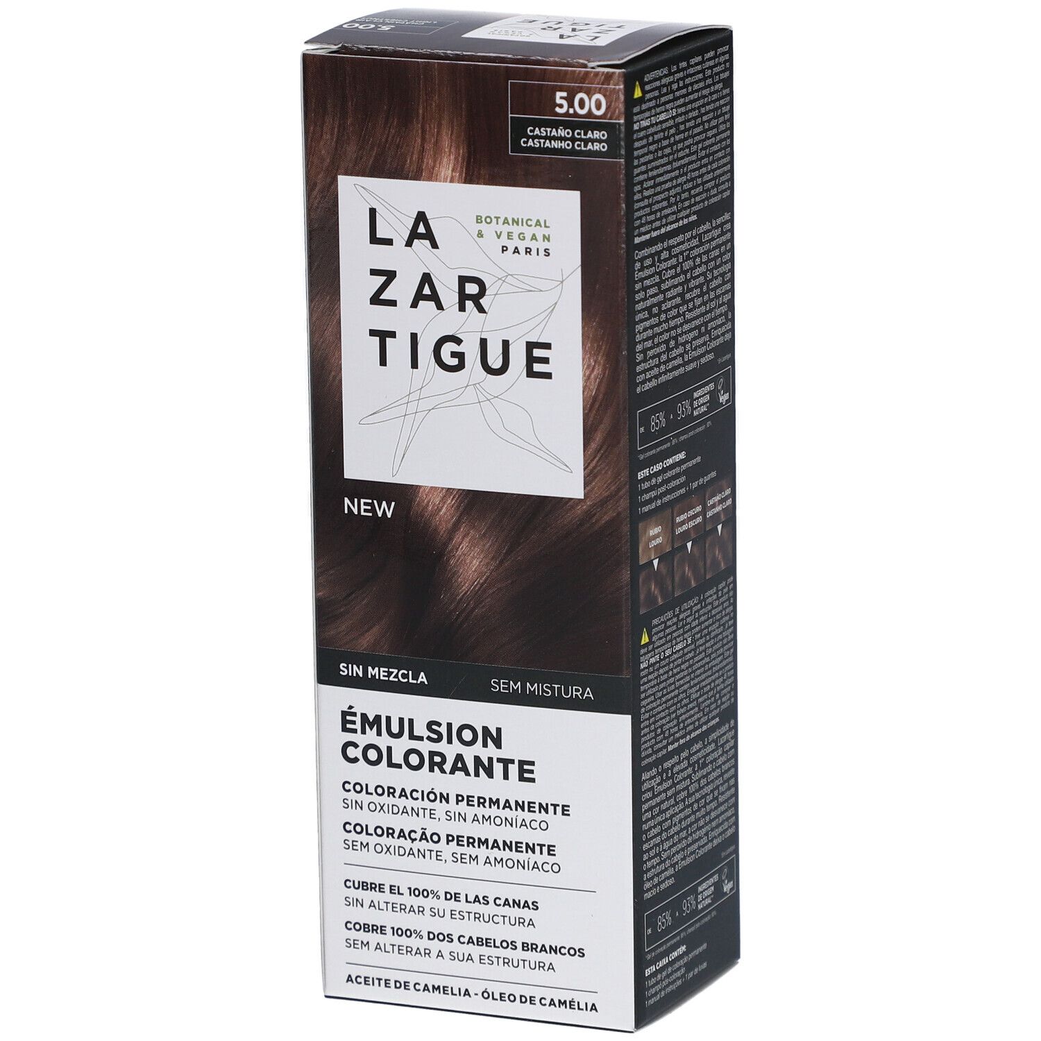 LAZARTIGUE Émulsion colorante 5.00 Châtain clair. Emballage avec informations produit et exemple de couleur. Botanique & Vegan.