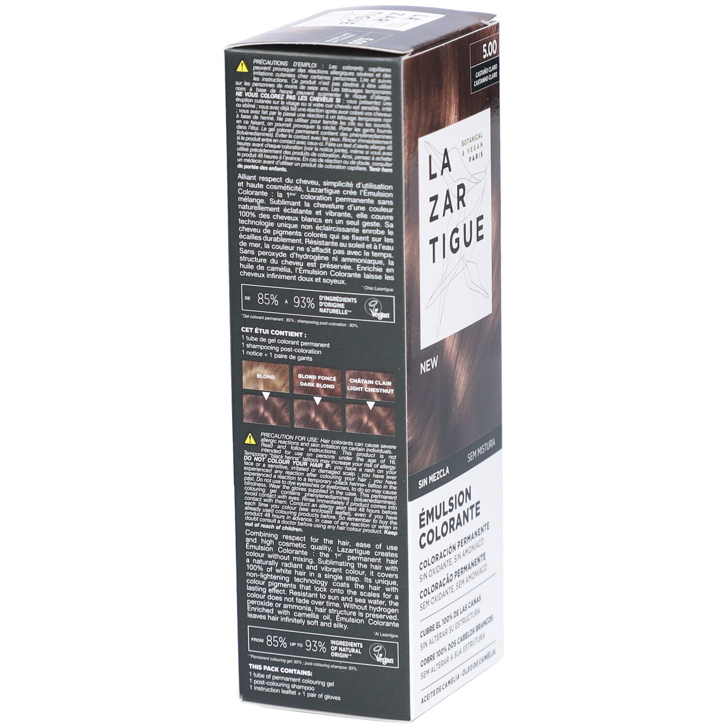 LAZARTIGUE Émulsion colorante 5.00 Châtain clair. Verso de l'emballage avec informations produit. Botanique & Vegan.