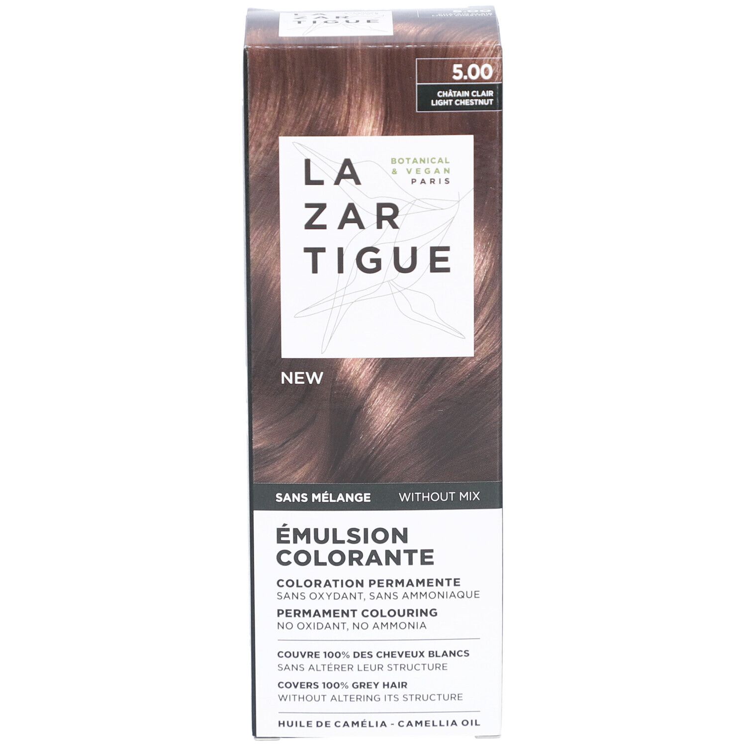 LAZARTIGUE Émulsion colorante 5.00 Châtain clair. Emballage avec informations produit et exemple de couleur. Botanique & Vegan.