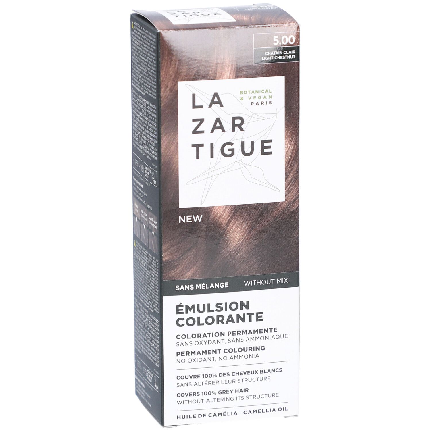 LAZARTIGUE Émulsion colorante 5.00 Châtain clair. Emballage avec informations produit et exemple de couleur. Botanique & Vegan.