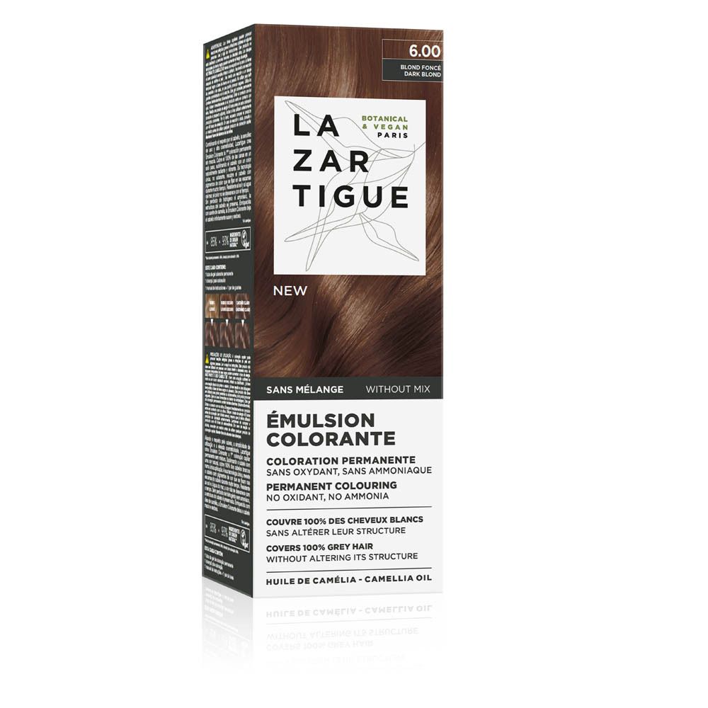 LAZARTIGUE Kleuremulsie. Doos met productinformatie. Opschrift: 6.00, Blonde foncé, Dark blonde. Botanisch & Vegan Paris.