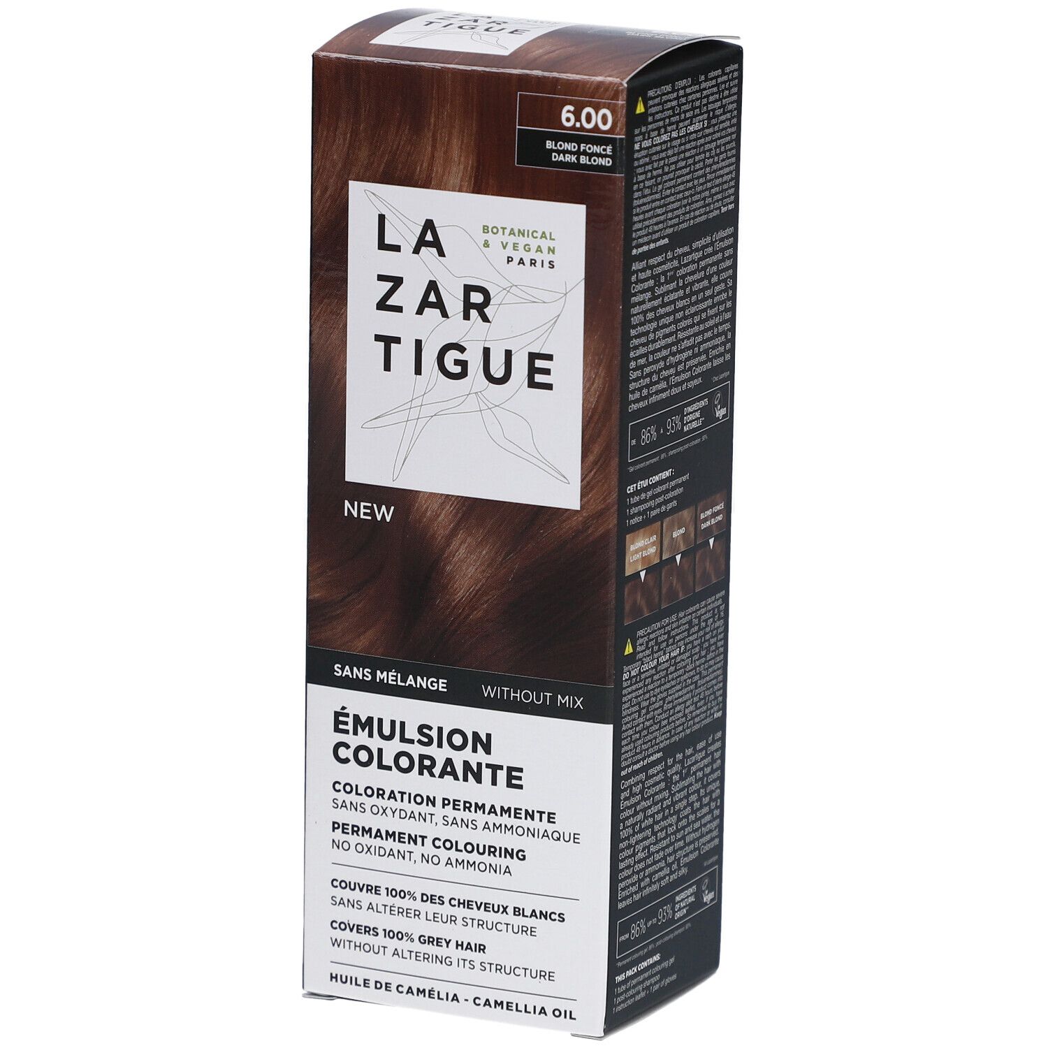 LAZARTIGUE Kleuremulsie. Doos met productinformatie. Opschrift: 6.00, Blonde foncé, Dark blonde. Botanisch & Vegan Paris.