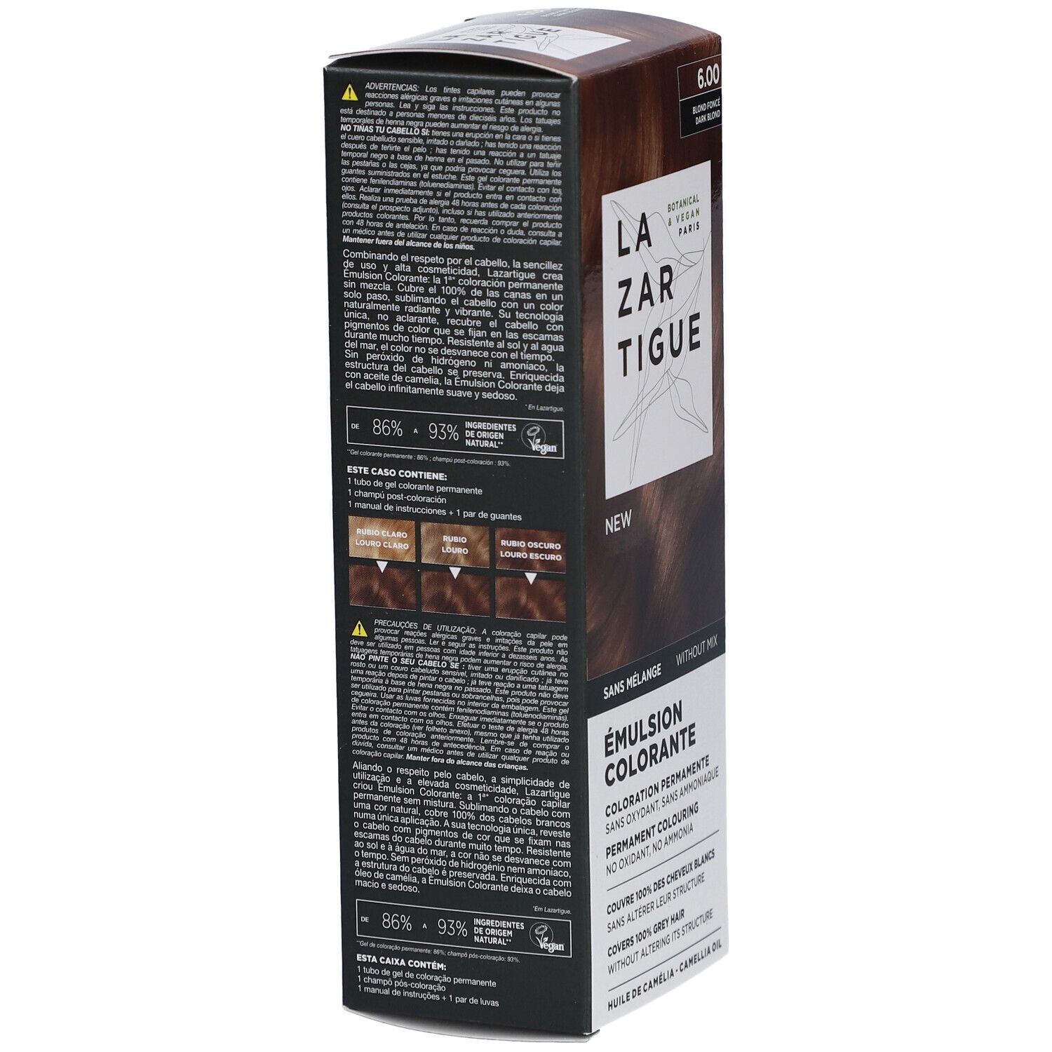 LAZARTIGUE Kleuremulsie. Doos met productinformatie. Opschrift: 6.00, Blonde foncé, Dark blonde. Botanisch & Vegan Paris.
