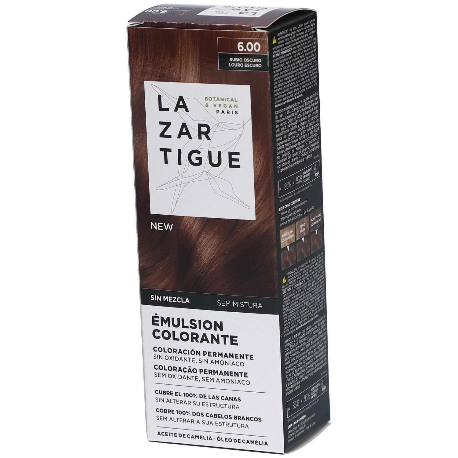 LAZARTIGUE Kleuremulsie. Doos met productinformatie. Opschrift: 6.00, Brun foncé, Dark brown. Botanisch & Vegan Paris.