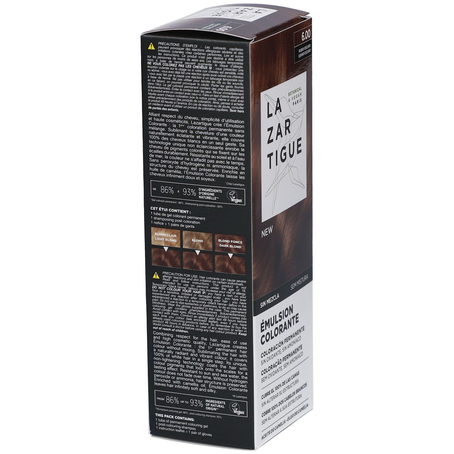 LAZARTIGUE Kleuremulsie. Doos met productinformatie. Opschrift: 6.00, Blonde foncé, Dark blonde. Botanisch & Vegan Paris.