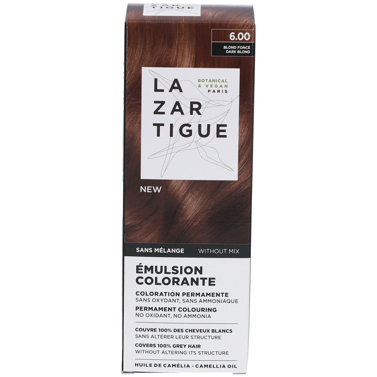 LAZARTIGUE Kleuremulsie. Doos met productinformatie. Opschrift: 6.00, Blonde foncé, Dark blonde. Botanisch & Vegan Paris.