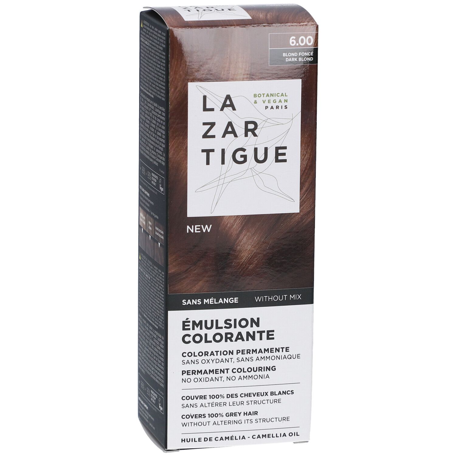 LAZARTIGUE Kleuremulsie. Doos met productinformatie. Opschrift: 6.00, Blonde foncé, Dark blonde. Botanisch & Vegan Paris.