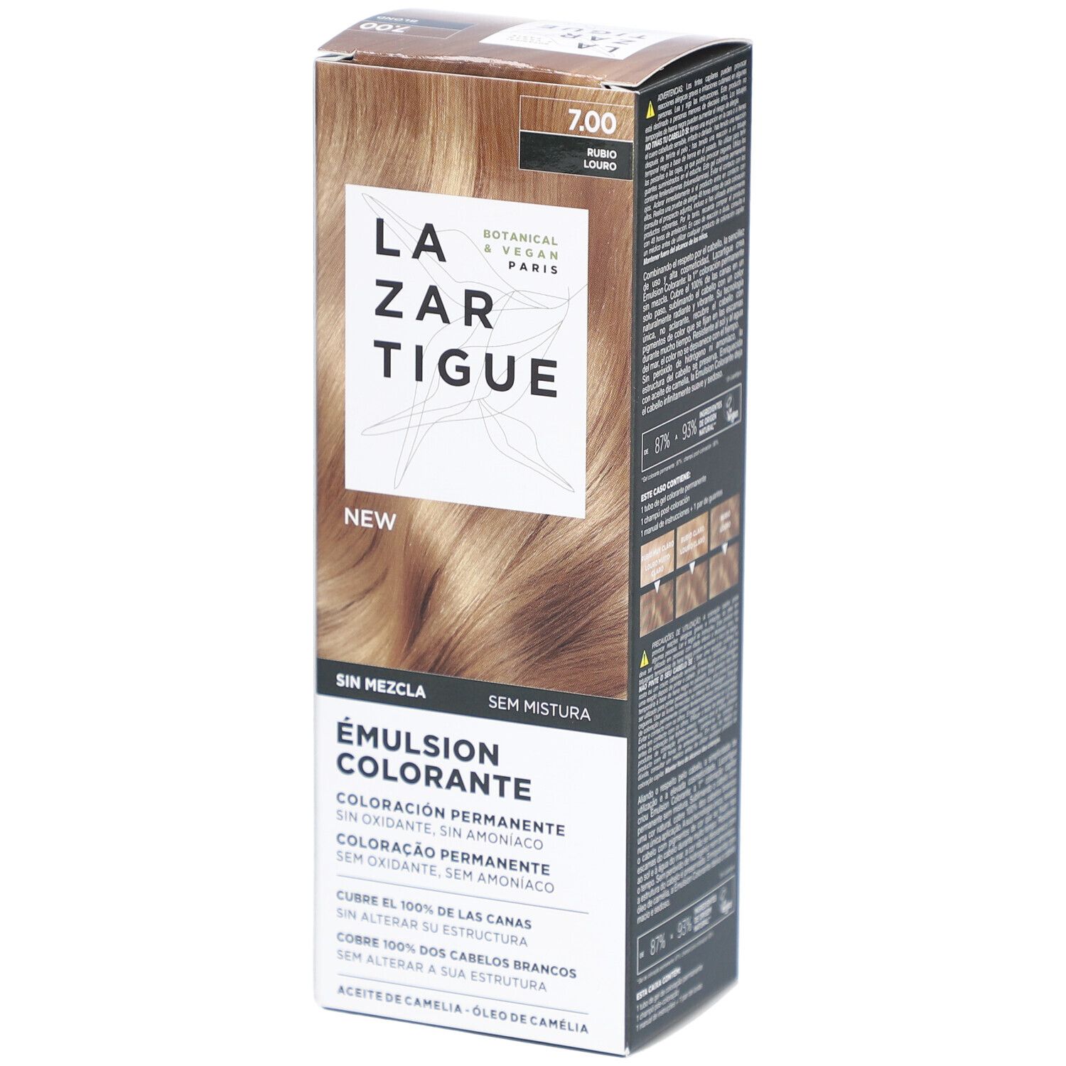 LAZARTIGUE Kleuremulsie. Verpakking met productinfo. Tint 7.00. Botanisch & Vegan.
